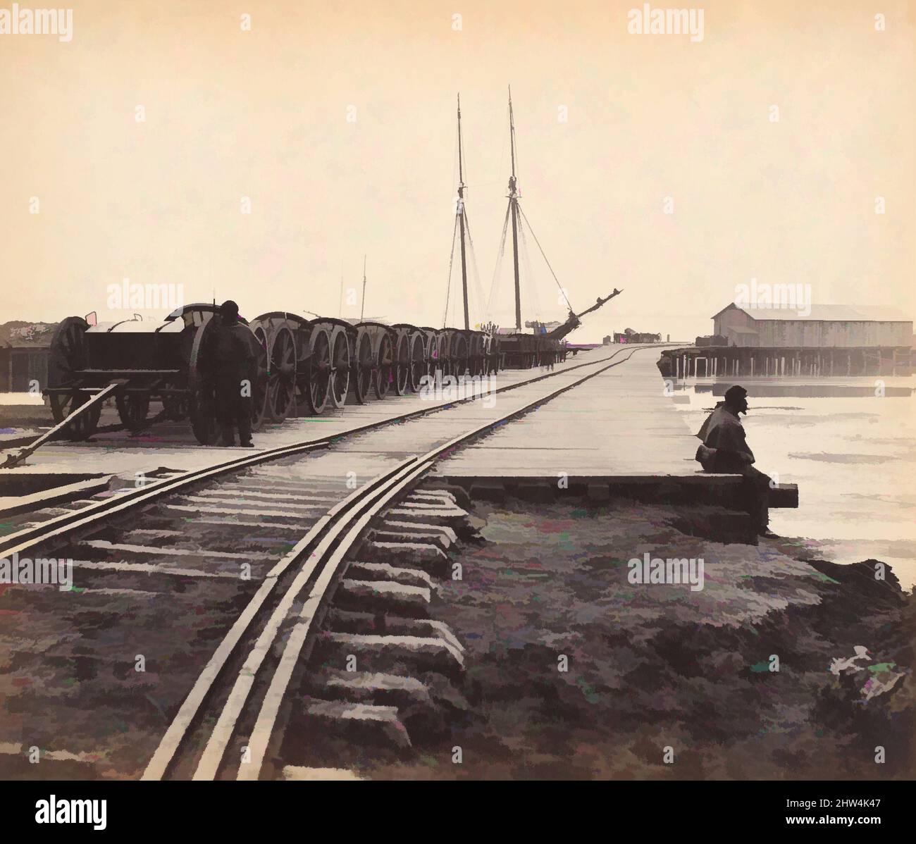 Art Inspired by Ordnance Wharf, City Point, Virginia, 1865, stampa in argento albume da vetro negativo, immagine: 21,7 x 25,5 cm (8 9/16 x 10 1/16 in.), fotografie, Thomas C. Roche (americano, 1826–1895), molto poco è noto della prima carriera di Thomas C. Roche. Durante la Guerra civile, egli, opere classiche modernizzate da Artotop con un tuffo di modernità. Forme, colore e valore, impatto visivo accattivante sulle emozioni artistiche attraverso la libertà delle opere d'arte in modo contemporaneo. Un messaggio senza tempo che persegue una nuova direzione selvaggiamente creativa. Artisti che si rivolgono al supporto digitale e creano l'NFT Artotop Foto Stock