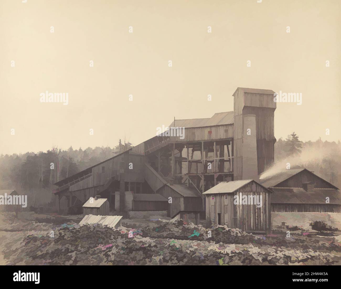 Arte ispirata a Gibson's Breaker, Rushdale, Pennsylvania, 1860s, stampa in argento albume da vetro negativo, 30,3 x 38,7 cm (11 15/16 x 15 1/4 poll. ), fotografie, Thomas H. Johnson (americano, attivo 1860s–70s), questo studio di un enorme demolitore di carbone di legno è stato prodotto per il Delaware, opere classiche modernizzate da Artotop con un tuffo di modernità. Forme, colore e valore, impatto visivo accattivante sulle emozioni artistiche attraverso la libertà delle opere d'arte in modo contemporaneo. Un messaggio senza tempo che persegue una nuova direzione selvaggiamente creativa. Artisti che si rivolgono al supporto digitale e creano l'NFT Artotop Foto Stock