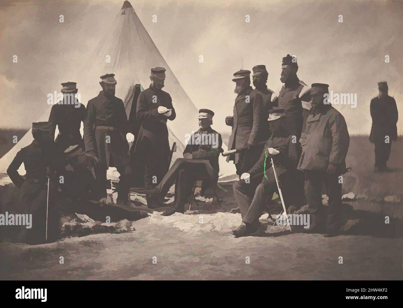 Pennefather and staff, 1855, carta salata stampata da vetro negativo, immagine: 14,4 x 20,8 cm (5 11/16 x 8 3/16 in.), fotografie, Roger Fenton (britannico, 1819–1869, opere classiche modernizzate da Artotop con un tuffo di modernità. Forme, colore e valore, impatto visivo accattivante sulle emozioni artistiche attraverso la libertà delle opere d'arte in modo contemporaneo. Un messaggio senza tempo che persegue una nuova direzione selvaggiamente creativa. Artisti che si rivolgono al supporto digitale e creano l'NFT Artotop Foto Stock
