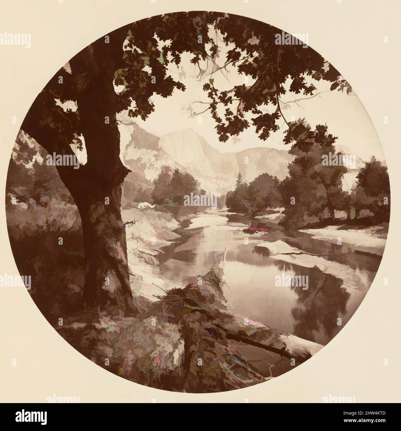 Arte ispirata al Parco Nazionale di Yosemite, California, ca. 1878, stampa in argento albume da vetro negativo, immagine: 12,5 x 12,5 cm (4 15/16 x 4 15/16 poll.), circolare, fotografie, Carleton E. Watkins (americano, 1829–1916), questo album senza titolo eccezionalmente raro presenta settantatre opere classiche modernizzate da Artotop con un tuffo di modernità. Forme, colore e valore, impatto visivo accattivante sulle emozioni artistiche attraverso la libertà delle opere d'arte in modo contemporaneo. Un messaggio senza tempo che persegue una nuova direzione selvaggiamente creativa. Artisti che si rivolgono al supporto digitale e creano l'NFT Artotop Foto Stock