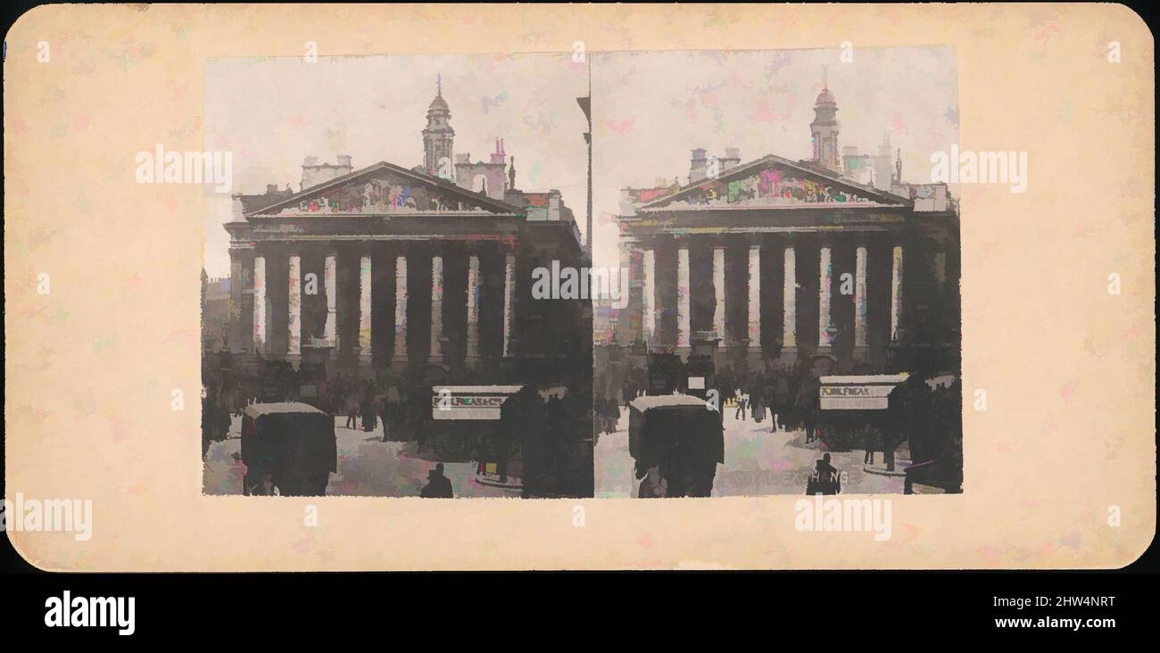 Arte ispirata da due viste Stereograph del Royal Exchange, Londra, Inghilterra, 1850s–1910s, stampe in argento albume, Supporti: 8,8 x 17,8 cm (3 7/16 x 7 poll.), fotografie, J. F. Jarvis (americano), Unknown, opere classiche modernizzate da Artotop con un tuffo di modernità. Forme, colore e valore, impatto visivo accattivante sulle emozioni artistiche attraverso la libertà delle opere d'arte in modo contemporaneo. Un messaggio senza tempo che persegue una nuova direzione selvaggiamente creativa. Artisti che si rivolgono al supporto digitale e creano l'NFT Artotop Foto Stock