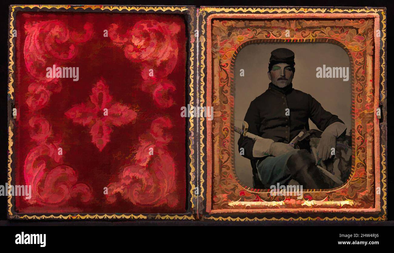 Arte ispirata da Union Cavalry Soldier, seduto, con spada e pistola, 1861–65, tipo di zingaro, piatto: 8,9 x 6,4 cm (3 1/2 x 2 1/2 pollici), fotografie, Unknown (americano), durante la guerra civile, l'esercito dell'Unione ha acquistato circa 373.000 pistole, tra cui più di 200.000 .36 Caliber Navy, opere classiche modernizzate da Artotop con un tuffo di modernità. Forme, colore e valore, impatto visivo accattivante sulle emozioni artistiche attraverso la libertà delle opere d'arte in modo contemporaneo. Un messaggio senza tempo che persegue una nuova direzione selvaggiamente creativa. Artisti che si rivolgono al supporto digitale e creano l'NFT Artotop Foto Stock