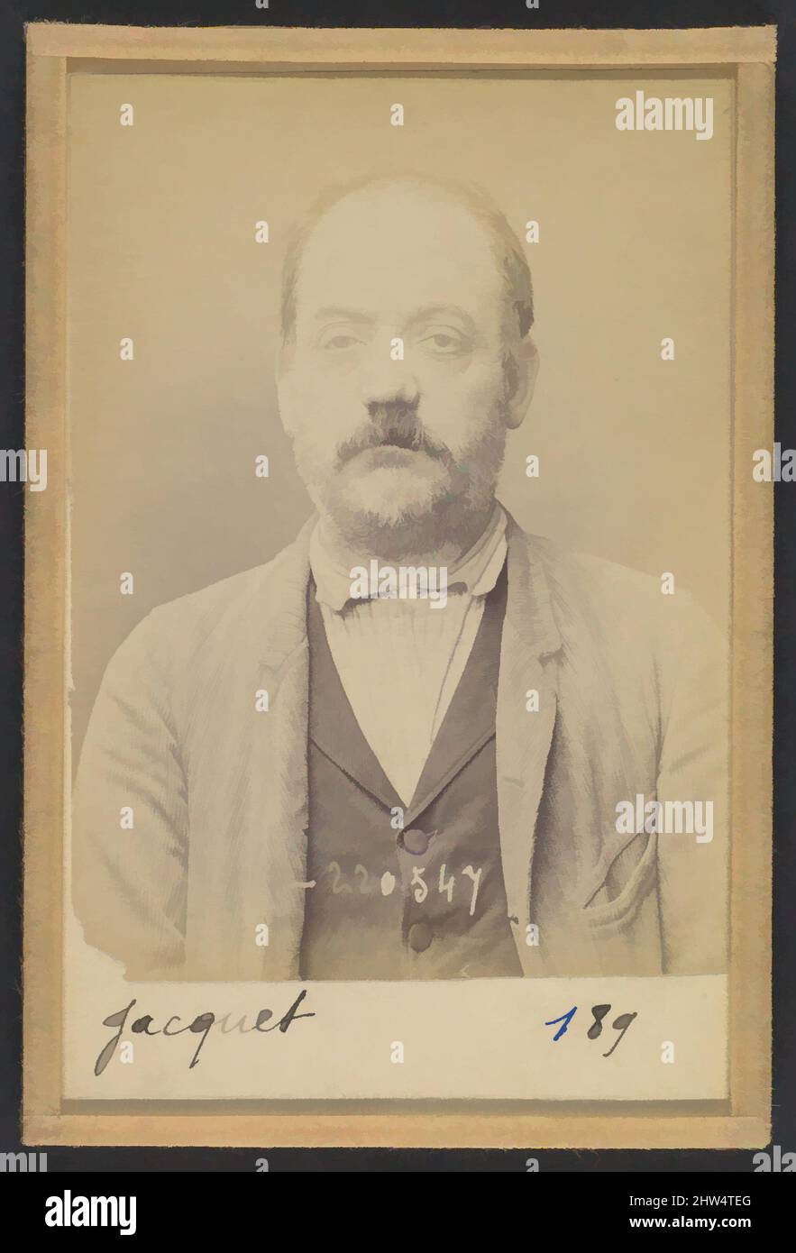 Arte ispirata a Jacquet. Hippolyte, Edouard. 49 ans, né le 15/3/45 à Paris Ille. Sellier-maroquinier. Anarchiste. 3/7/94., 1894, stampa argento albume da vetro negativo, 10,5 x 7 x 0,5 cm (4 1/8 x 2 3/4 x 3/16 pollici) ciascuno, fotografie, Alphonse Bertillon (francese, 1853–1914), nata in un, Opere classiche modernizzate da Artotop con un tocco di modernità. Forme, colore e valore, impatto visivo accattivante sulle emozioni artistiche attraverso la libertà delle opere d'arte in modo contemporaneo. Un messaggio senza tempo che persegue una nuova direzione selvaggiamente creativa. Artisti che si rivolgono al supporto digitale e creano l'NFT Artotop Foto Stock