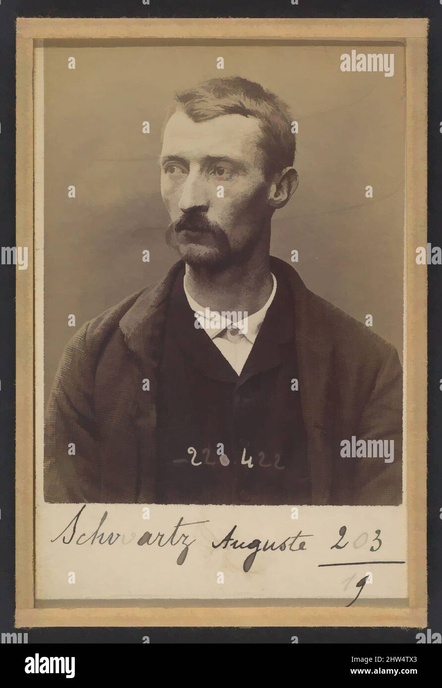 Arte ispirata a Schwartz. Auguste. 31 ans, né à Paris Xlle le 23/1/63. Maroquinier. Anarchiste. 2/7/94., 1894, stampa argento albume da vetro negativo, 10,5 x 7 x 0,5 cm (4 1/8 x 2 3/4 x 3/16 pollici) ciascuno, fotografie, Alphonse Bertillon (francese, 1853–1914), nata in un distinto, opere classiche modernizzate da Artotop con un tuffo di modernità. Forme, colore e valore, impatto visivo accattivante sulle emozioni artistiche attraverso la libertà delle opere d'arte in modo contemporaneo. Un messaggio senza tempo che persegue una nuova direzione selvaggiamente creativa. Artisti che si rivolgono al supporto digitale e creano l'NFT Artotop Foto Stock