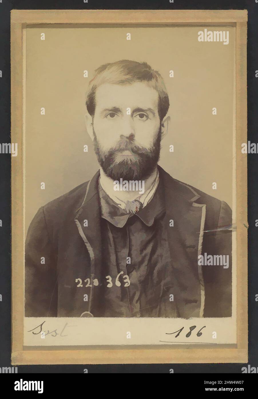 Arte ispirata a Sost. Edmond. 30 ans, né à Serqueux (Seine-Inférieure) le 15/11/64. Ciseleur. Anarchiste. 1/7/94., 1894, stampa argento albume da vetro negativo, 10,5 x 7 x 0,5 cm (4 1/8 x 2 3/4 x 3/16 pollici) ciascuno, fotografie, Alphonse Bertillon (francese, 1853–1914), nata in un, Opere classiche modernizzate da Artotop con un tocco di modernità. Forme, colore e valore, impatto visivo accattivante sulle emozioni artistiche attraverso la libertà delle opere d'arte in modo contemporaneo. Un messaggio senza tempo che persegue una nuova direzione selvaggiamente creativa. Artisti che si rivolgono al supporto digitale e creano l'NFT Artotop Foto Stock