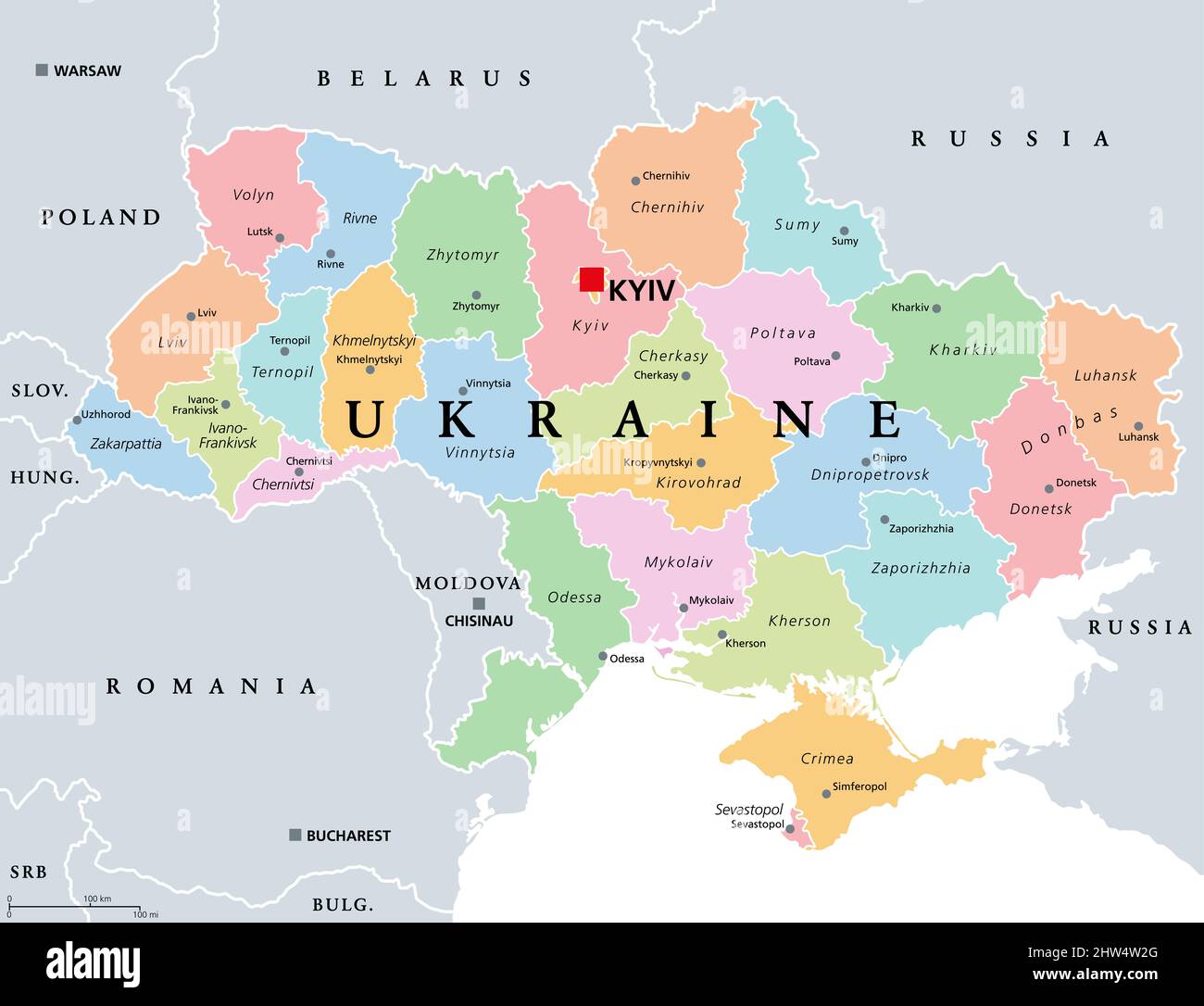 Ucraina, suddivisione del paese, mappa politica colorata. Divisioni amministrative dell'Ucraina, con centri amministrativi, stato unitario nell'Europa orientale. Foto Stock