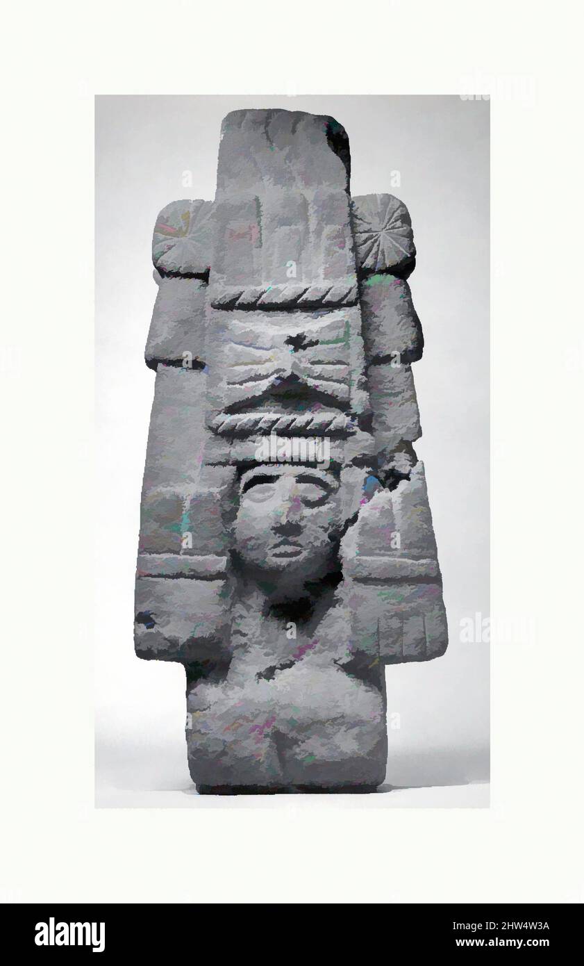 Arte ispirata da Maize Deity (Chicomecoatl), 15th–inizio 16th secolo, Messico, Mesoamerica, Aztec, Basalto, totale: 19 1/2 x 8 1/2 x 5 1/2 poll. (49,53 x 21,59 x 13,97 cm), pietra-scultura, mais (mais) era il principale alimento di base della dieta mesoamericana e formò un aspetto importante di, opere classiche modernizzate da Artotop con un tuffo di modernità. Forme, colore e valore, impatto visivo accattivante sulle emozioni artistiche attraverso la libertà delle opere d'arte in modo contemporaneo. Un messaggio senza tempo che persegue una nuova direzione selvaggiamente creativa. Artisti che si rivolgono al supporto digitale e creano l'NFT Artotop Foto Stock