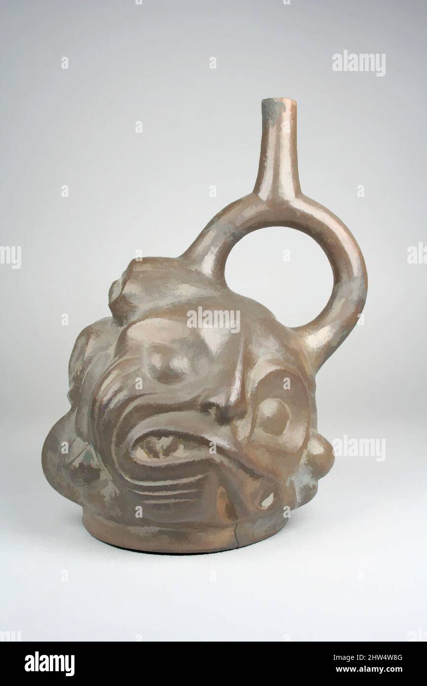 Arte ispirata a Stirrup flacone con testa grottesca e animali, 4th–7th secolo, Perù, Moche, ceramica, Slittamento, totale: 9 1/4 x 6 1/4 poll. (23,5 x 15,88 cm), Ceramics-Containers, opere classiche modernizzate da Artotop con un tuffo di modernità. Forme, colore e valore, impatto visivo accattivante sulle emozioni artistiche attraverso la libertà delle opere d'arte in modo contemporaneo. Un messaggio senza tempo che persegue una nuova direzione selvaggiamente creativa. Artisti che si rivolgono al supporto digitale e creano l'NFT Artotop Foto Stock