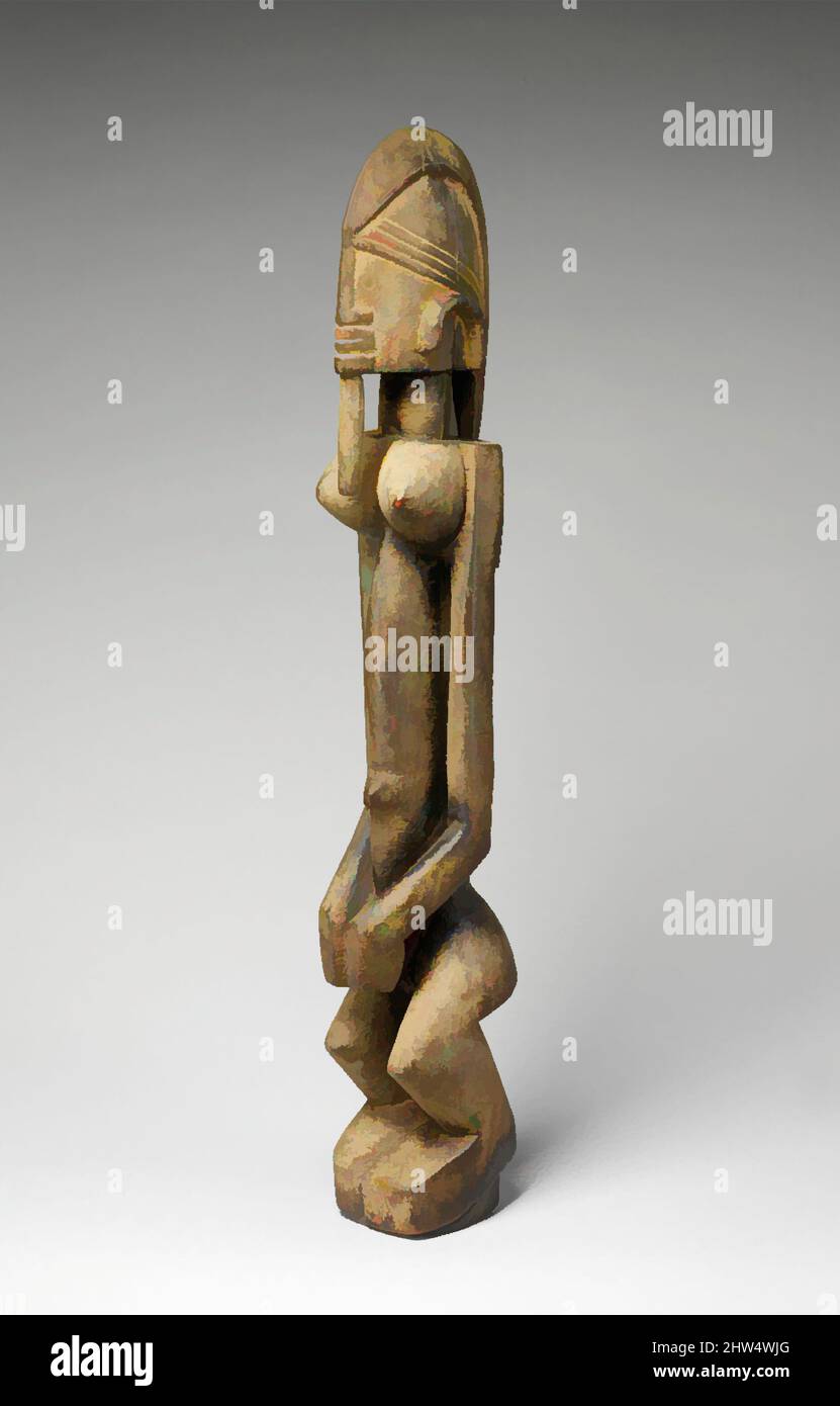 Arte ispirata dalla figura: Femmina (Dege dal NDA), 18th–19th secolo, Mali, popoli Dogon, legno, H. 25 x P. 3 3/4 x D. 4 7/8 poll. (63,5 x 9,5 x 12,4 cm), scultura in legno, Maestro di Ogol, questa figura femminile è una di circa una dozzina di opere che sono state attribuite allo stesso artista Dogon, opere classiche modernizzate da Artotop con un tuffo di modernità. Forme, colore e valore, impatto visivo accattivante sulle emozioni artistiche attraverso la libertà delle opere d'arte in modo contemporaneo. Un messaggio senza tempo che persegue una nuova direzione selvaggiamente creativa. Artisti che si rivolgono al supporto digitale e creano l'NFT Artotop Foto Stock