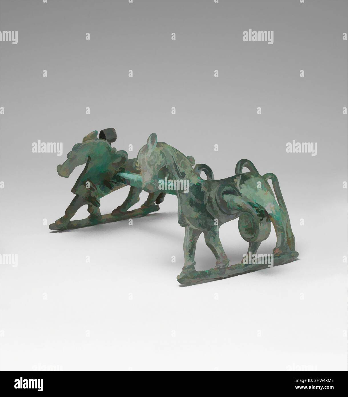 Arte ispirata a Horse bit con gli zigomi a forma di cavallo, età del ferro, ca. 8th–7th secolo a.C., Iran, probabilmente da Luristan, Iran, Bronzo, 5,12 poll. (13 cm), lavorazione del metallo-equestre, opere classiche modernizzate da Artotop con un tuffo di modernità. Forme, colore e valore, impatto visivo accattivante sulle emozioni artistiche attraverso la libertà delle opere d'arte in modo contemporaneo. Un messaggio senza tempo che persegue una nuova direzione selvaggiamente creativa. Artisti che si rivolgono al supporto digitale e creano l'NFT Artotop Foto Stock