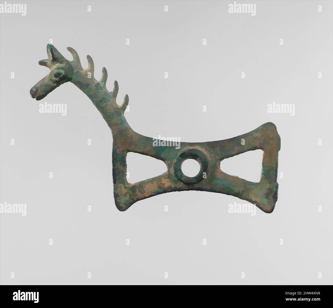 Arte ispirata da un pezzo di ghepardo a forma di cavallo, Iron Age II, ca. 8th–7th secolo a.C., Iran, probabilmente da Luristan, Iran, Bronzo, 3,58 x 5,94 poll. (9,09 x 15,09 cm), lavorazione del metallo-equestre, opere classiche modernizzate da Artotop con un tuffo di modernità. Forme, colore e valore, impatto visivo accattivante sulle emozioni artistiche attraverso la libertà delle opere d'arte in modo contemporaneo. Un messaggio senza tempo che persegue una nuova direzione selvaggiamente creativa. Artisti che si rivolgono al supporto digitale e creano l'NFT Artotop Foto Stock