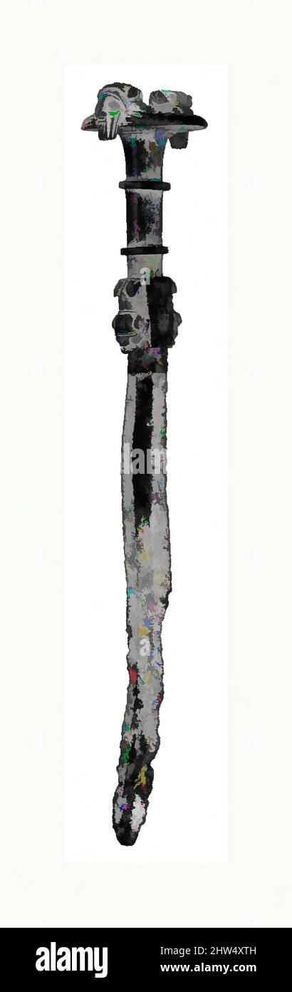 Arte ispirata a Sword con figure sul manico, Iron Age III, ca. 8th–7th secolo a.C., Iran, probabilmente da Luristan, Iran, ferro, 19,72 poll. (50,09 cm), Metalwork-Implements, opere classiche modernizzate da Artotop con un tuffo di modernità. Forme, colore e valore, impatto visivo accattivante sulle emozioni artistiche attraverso la libertà delle opere d'arte in modo contemporaneo. Un messaggio senza tempo che persegue una nuova direzione selvaggiamente creativa. Artisti che si rivolgono al supporto digitale e creano l'NFT Artotop Foto Stock