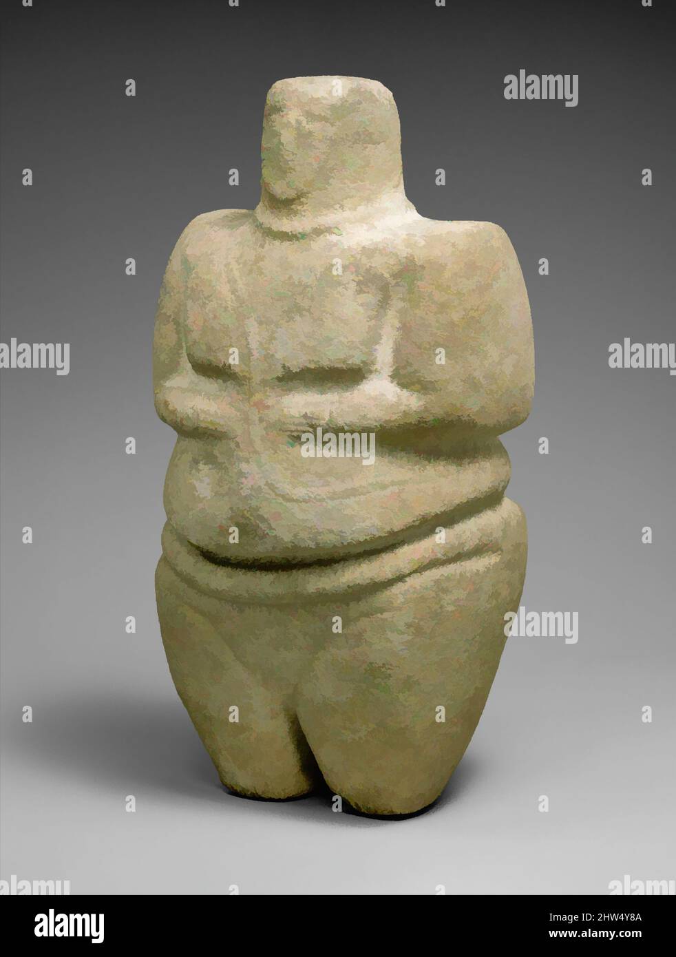 Arte ispirata a figura femminile in piedi che indossa una cinghia e una collana, Età del Bronzo di inizio-Medio, 3rd–2nd millennio a.C., Arabia sudoccidentale, arenaria, Quarzite, H. 27 cm, W. 14,3 cm, D. 14,3 cm, pietra-scultura, Questa scultura fa parte di un gruppo di statue associate al Sud, opere classiche modernizzate da Artotop con un tuffo di modernità. Forme, colore e valore, impatto visivo accattivante sulle emozioni artistiche attraverso la libertà delle opere d'arte in modo contemporaneo. Un messaggio senza tempo che persegue una nuova direzione selvaggiamente creativa. Artisti che si rivolgono al supporto digitale e creano l'NFT Artotop Foto Stock