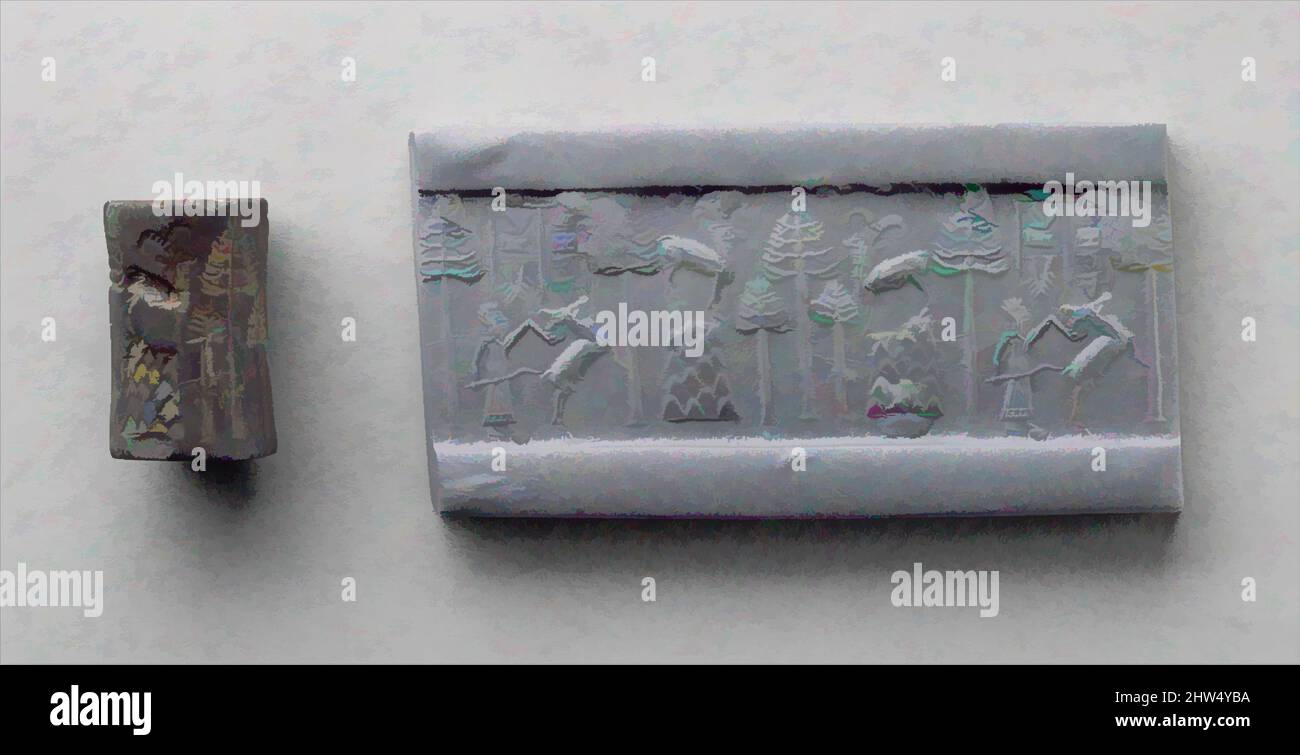 Arte ispirata alla guarnizione cilindrica e impressione moderna: Scena di caccia, Akkadian, ca. 2250–2150 a.C., Mesopotamia, Akkadian, Chert, H. 1 1/8 poll. (2,8 cm), pietra-cilindro sigilli-inscritto, nell'antica Mesopotamia, un cilindro-a forma di sigillo potrebbe essere arrotolato su una varietà di oggetti in argilla, opere classiche modernizzate da Artotop con un tuffo di modernità. Forme, colore e valore, impatto visivo accattivante sulle emozioni artistiche attraverso la libertà delle opere d'arte in modo contemporaneo. Un messaggio senza tempo che persegue una nuova direzione selvaggiamente creativa. Artisti che si rivolgono al supporto digitale e creano l'NFT Artotop Foto Stock