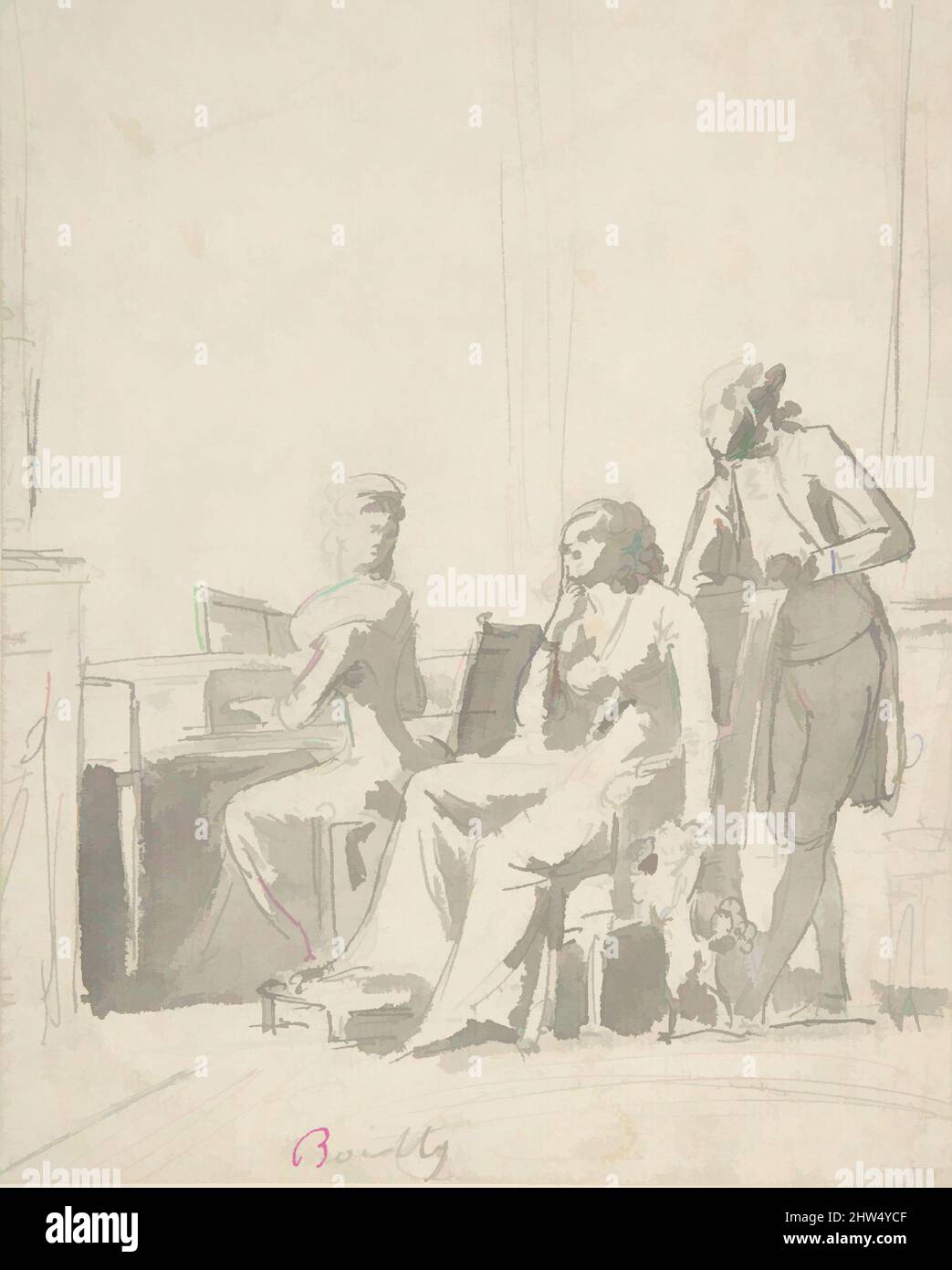 Arte ispirata da conversazione pezzo, 1761–1845, penna e India inchiostro, lavaggio, foglio: 7 3/8 x 5 7/8 poll. (18,7 x 14,9cm), disegni, Louis Léopold Boilly (francese, la Bassée 1761–1845 Parigi, opere classiche modernizzate da Artotop con un tuffo di modernità. Forme, colore e valore, impatto visivo accattivante sulle emozioni artistiche attraverso la libertà delle opere d'arte in modo contemporaneo. Un messaggio senza tempo che persegue una nuova direzione selvaggiamente creativa. Artisti che si rivolgono al supporto digitale e creano l'NFT Artotop Foto Stock