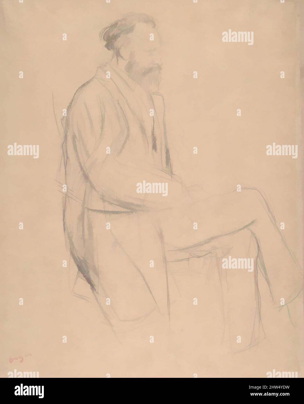 Arte ispirata da Édouard Manet seduto, profilo destro, ca. 1865, gesso nero su carta rosa sbiadita, foglio: 14 1/8 x 11 pollici (35,9 x 27,9cm), disegni, Edgar Degas (francese, Parigi 1834–1917 Parigi, opere classiche modernizzate da Artotop con un tocco di modernità. Forme, colore e valore, impatto visivo accattivante sulle emozioni artistiche attraverso la libertà delle opere d'arte in modo contemporaneo. Un messaggio senza tempo che persegue una nuova direzione selvaggiamente creativa. Artisti che si rivolgono al supporto digitale e creano l'NFT Artotop Foto Stock