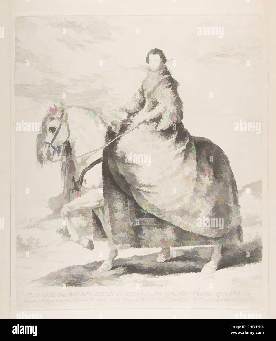 Arte ispirata da Isabel de Bourbon a cavallo, dopo Velázquez, 1778, attacco e punto secco, piatto: 14 9/16 x 12 1/4 pollici. (37 x 31,1 cm), Prints, Goya (Francisco de Goya y Lucientes) (spagnolo, Fuendetodos 1746–1828 Bordeaux), dopo Velázquez (Diego Rodríguez de Silva y Velázquez) (, opere classiche modernizzate da Artotop con un tuffo di modernità. Forme, colore e valore, impatto visivo accattivante sulle emozioni artistiche attraverso la libertà delle opere d'arte in modo contemporaneo. Un messaggio senza tempo che persegue una nuova direzione selvaggiamente creativa. Artisti che si rivolgono al supporto digitale e creano l'NFT Artotop Foto Stock