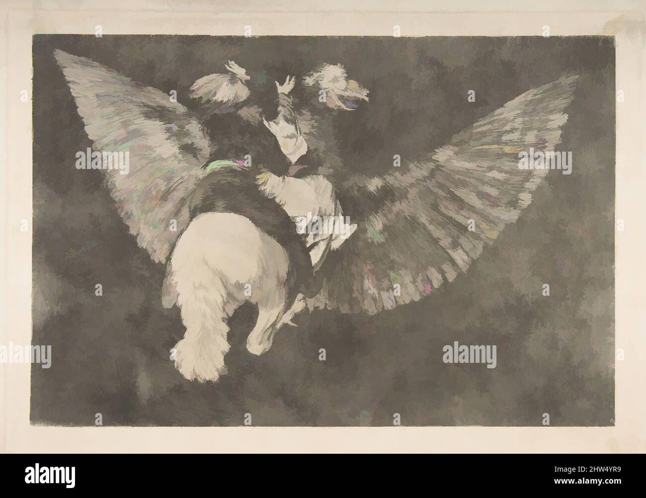Arte ispirata al piatto 5 dei 'Disparates': Flying Folly, ca. 1816–23 (stampa privata CA4), incisione e acquatinta, piastra: 9 5/8 x 13 7/8 pollici (24,5 x 35,2 cm), Prints, Goya (Francisco de Goya y Lucientes) (spagnolo, Fuendetodos 1746–1828 Bordeaux, opere classiche modernizzate da Artotop con un tuffo di modernità. Forme, colore e valore, impatto visivo accattivante sulle emozioni artistiche attraverso la libertà delle opere d'arte in modo contemporaneo. Un messaggio senza tempo che persegue una nuova direzione selvaggiamente creativa. Artisti che si rivolgono al supporto digitale e creano l'NFT Artotop Foto Stock