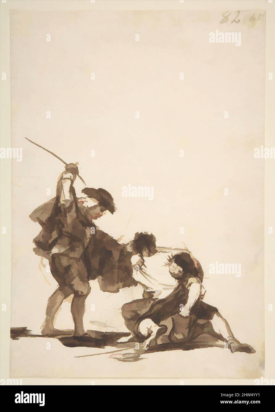 Arte ispirata da Un uomo che interferisce in una lotta di strada, da Images of Spain Album (F), 82, 1812–20, Brush and Brown Wash on Laid paper, foglio: 8-1/16 x 5-5/8 in. (20,5 x 14,3cm), disegni, Goya (Francisco de Goya y Lucientes) (spagnolo, Fuendetodos 1746–1828 Bordeaux, opere classiche modernizzate da Artotop con un tocco di modernità. Forme, colore e valore, impatto visivo accattivante sulle emozioni artistiche attraverso la libertà delle opere d'arte in modo contemporaneo. Un messaggio senza tempo che persegue una nuova direzione selvaggiamente creativa. Artisti che si rivolgono al supporto digitale e creano l'NFT Artotop Foto Stock