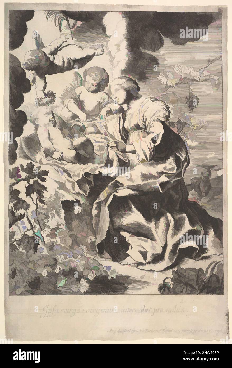 Arte ispirata da Vergine e bambino con angeli, 1636, incisione, 10 5/8 x 7 1/16 pollici (27 x 18cm), stampe, Pierre Brebiette (francese, Mantes-sur-Seine ca. 1598–1642 Parigi, opere classiche modernizzate da Artotop con un tuffo di modernità. Forme, colore e valore, impatto visivo accattivante sulle emozioni artistiche attraverso la libertà delle opere d'arte in modo contemporaneo. Un messaggio senza tempo che persegue una nuova direzione selvaggiamente creativa. Artisti che si rivolgono al supporto digitale e creano l'NFT Artotop Foto Stock