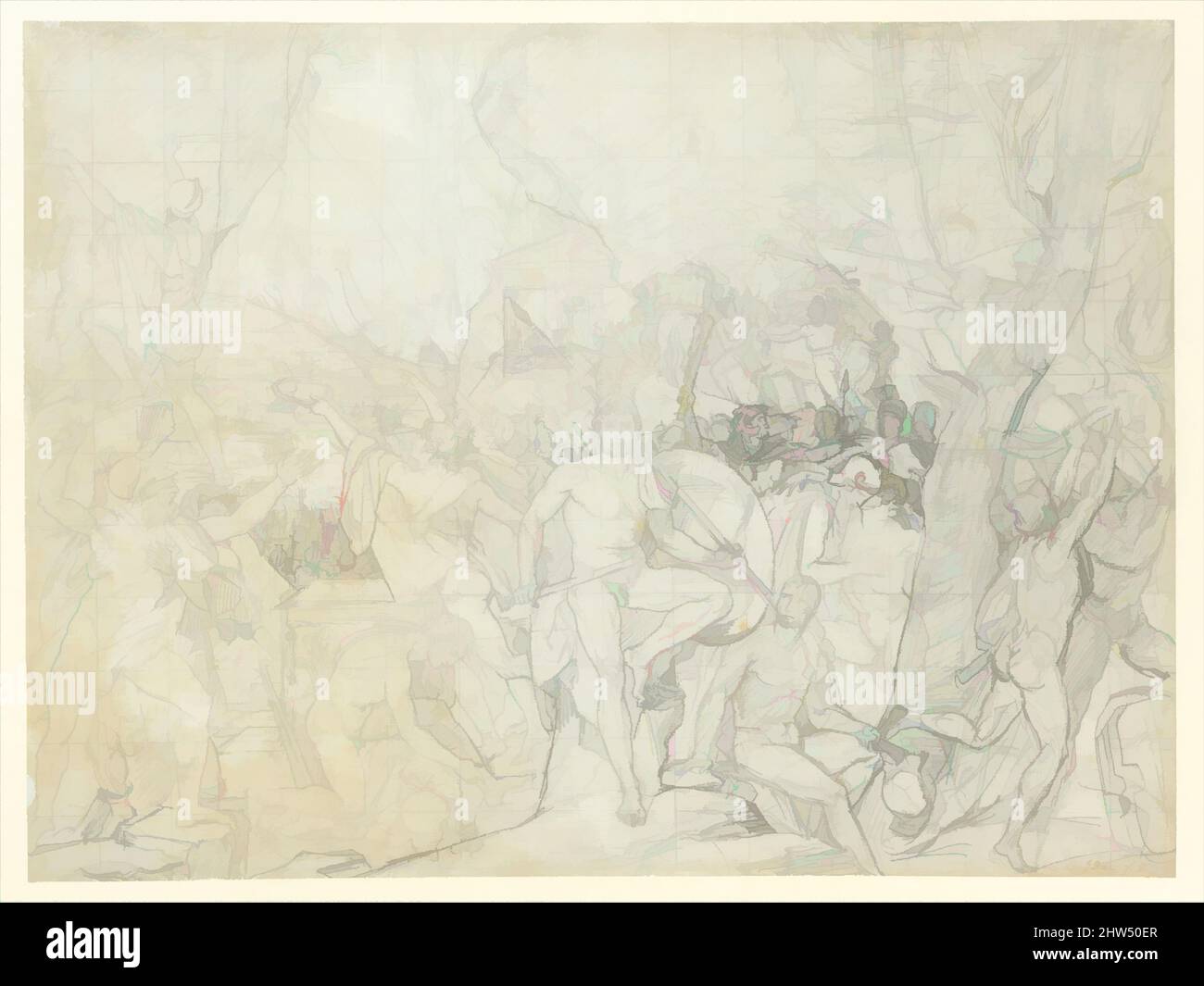 Arte ispirata da Leonidas a Thermopylae, ca. 1814, gesso nero, quadrato in gesso nero, 16 x 21 5/8 poll. (40,6 x 54,9 cm), disegni, Jacques Louis David (francese, Parigi 1748–1825 Bruxelles), questo è uno studio compositivo per la grande tela di David dello stesso soggetto, firmato e datato 1814, opere classiche modernizzate da Artotop con un tuffo di modernità. Forme, colore e valore, impatto visivo accattivante sulle emozioni artistiche attraverso la libertà delle opere d'arte in modo contemporaneo. Un messaggio senza tempo che persegue una nuova direzione selvaggiamente creativa. Artisti che si rivolgono al supporto digitale e creano l'NFT Artotop Foto Stock