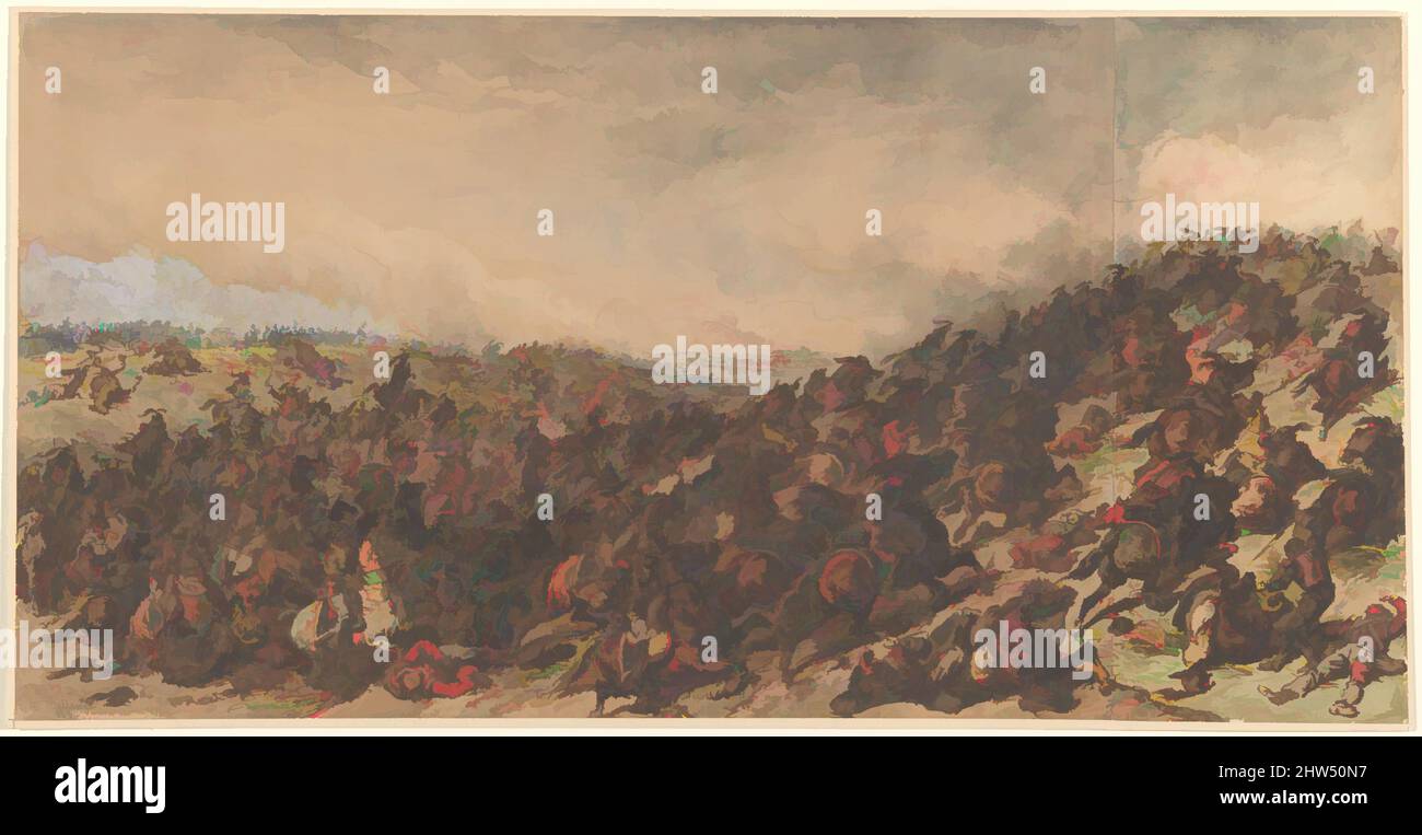 Arte ispirata a Battle Scene (Waterloo), 1815–66, penna e inchiostro marrone, lavaggio marrone e grigio, acquerello e gouache, con tocchi di gesso nero, 11 1/4 x 22 1/8 pollici (28,5 x 56,2cm), disegni, Hippolyte Bellangé (francese, 1800–1866, opere classiche modernizzate da Artotop con un tocco di modernità. Forme, colore e valore, impatto visivo accattivante sulle emozioni artistiche attraverso la libertà delle opere d'arte in modo contemporaneo. Un messaggio senza tempo che persegue una nuova direzione selvaggiamente creativa. Artisti che si rivolgono al supporto digitale e creano l'NFT Artotop Foto Stock