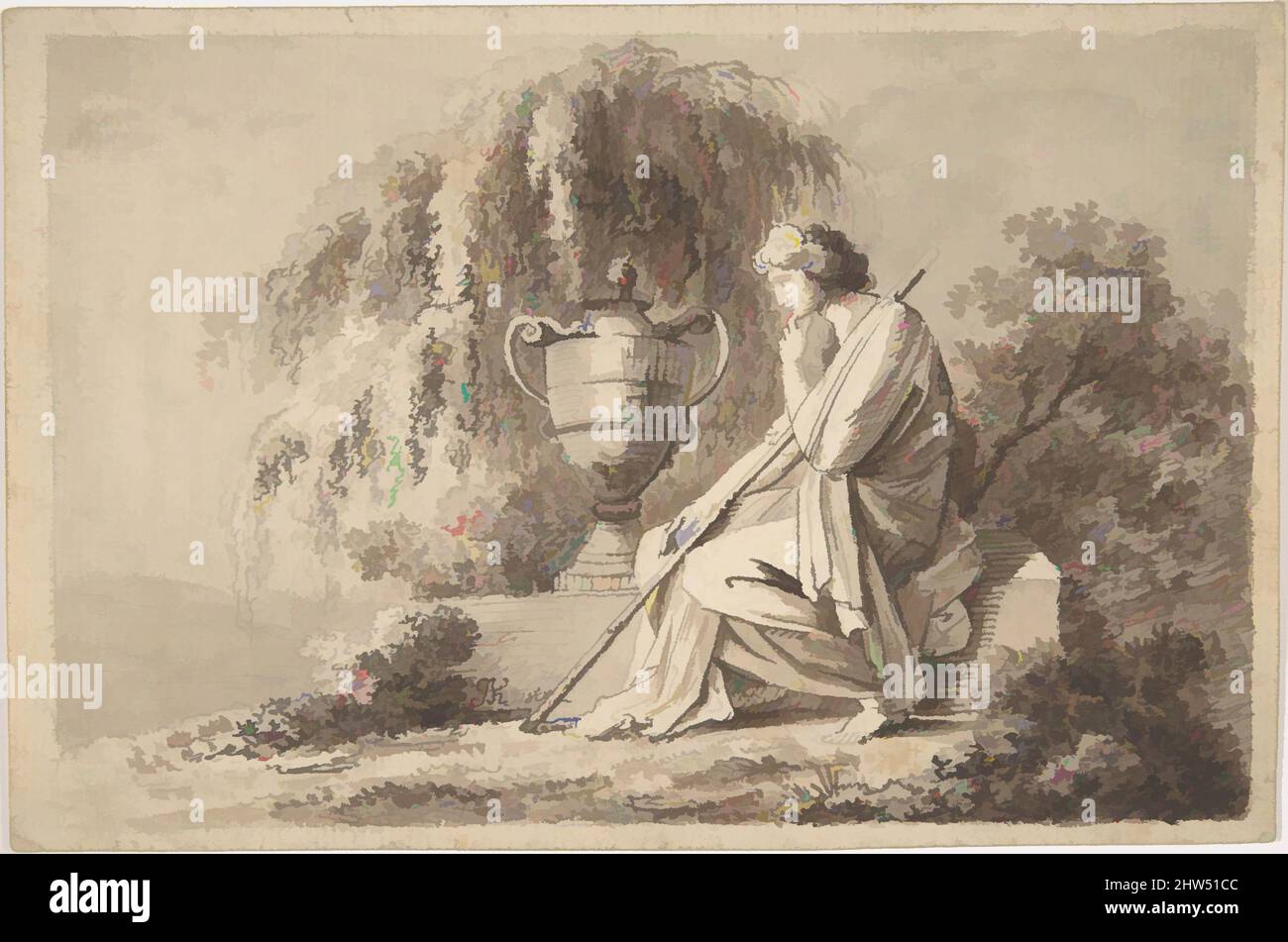 Arte ispirata a Female Figura seduto accanto a un Urn, 1800, penna e inchiostro marrone e lavaggio marrone su gesso nero, 4 7/8 x 7 5/16 poll. (12,4 x 18,6 cm), disegni, cerchio di Angelica Kauffmann (Svizzera, Coira 1741–1807 Roma, opere classiche modernizzate da Artotop con un tuffo di modernità. Forme, colore e valore, impatto visivo accattivante sulle emozioni artistiche attraverso la libertà delle opere d'arte in modo contemporaneo. Un messaggio senza tempo che persegue una nuova direzione selvaggiamente creativa. Artisti che si rivolgono al supporto digitale e creano l'NFT Artotop Foto Stock