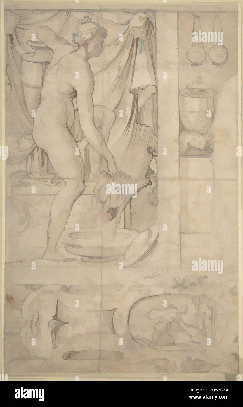 Arte ispirata a Venus Bathing, 16th secolo, inchiostro Pen e nero e marrone con disegno in grafite, 8 7/8 x 5 5/8 pollici (22,5 x 14,3 cm), disegni, Anonimo, Francese, Scuola di Fontainebleau, 16th secolo, opere classiche modernizzate da Artotop con un tuffo di modernità. Forme, colore e valore, impatto visivo accattivante sulle emozioni artistiche attraverso la libertà delle opere d'arte in modo contemporaneo. Un messaggio senza tempo che persegue una nuova direzione selvaggiamente creativa. Artisti che si rivolgono al supporto digitale e creano l'NFT Artotop Foto Stock
