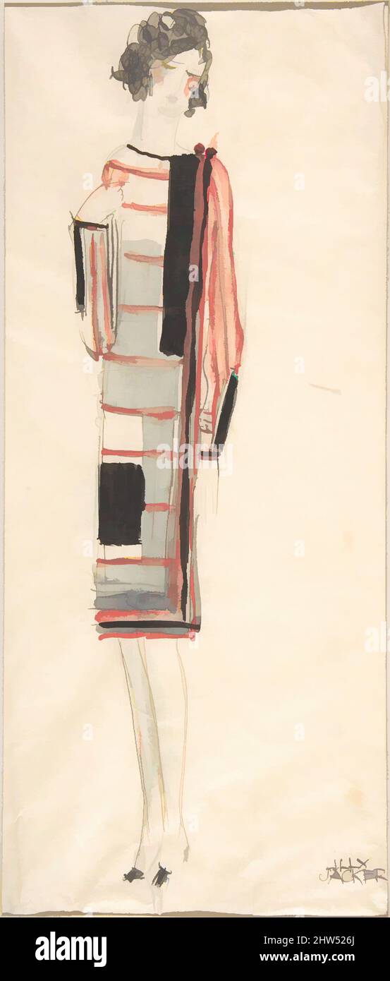 Arte ispirata al vestito estivo: Costume design per Kunstgewerbeschule, Wien, 1920–50, inchiostro Pen e marrone, pennello e acquerello rosso, grigio, nero su tracce di grafite. Montaggio in cartone intarsiato, 11 1/4 x 8 7/8 poll. (28,6 x 22,5 cm), disegni, Lilly Jacker (Austria, Vienna ca. 1930, opere classiche modernizzate da Artotop con un tuffo di modernità. Forme, colore e valore, impatto visivo accattivante sulle emozioni artistiche attraverso la libertà delle opere d'arte in modo contemporaneo. Un messaggio senza tempo che persegue una nuova direzione selvaggiamente creativa. Artisti che si rivolgono al supporto digitale e creano l'NFT Artotop Foto Stock
