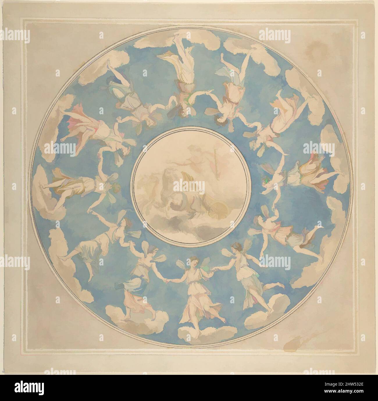 Art Inspired by Design for Ceiling: Apollo and the Hours, 1760–1807, penna e inchiostro nero, pennello e inchiostro grigio, lavaggio marrone, acquerello, gesso nero, immagine (diametro): 11 5/16" (28,8cm), disegni, Angelica Kauffmann (Svizzera, Coira 1741–1807 Roma, opere classiche modernizzate da Artotop con un tuffo di modernità. Forme, colore e valore, impatto visivo accattivante sulle emozioni artistiche attraverso la libertà delle opere d'arte in modo contemporaneo. Un messaggio senza tempo che persegue una nuova direzione selvaggiamente creativa. Artisti che si rivolgono al supporto digitale e creano l'NFT Artotop Foto Stock