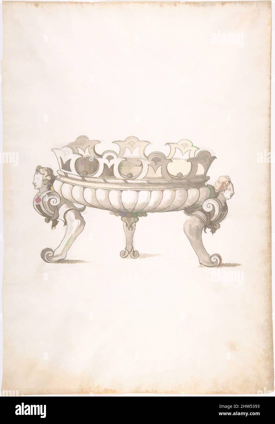 Arte ispirata dal design per un vaso di bronzo, 16th Century, inchiostro Pen e Brown, pennello con lavaggio grigio e giallo su gesso nero, 16 1/2 x 11 1/4 poll. (41,9 x 28,6 cm), disegni, Erasmus Hornick (Olanda, Anversa ca. 1520–1583 Praga, opere classiche modernizzate da Artotop con un tuffo di modernità. Forme, colore e valore, impatto visivo accattivante sulle emozioni artistiche attraverso la libertà delle opere d'arte in modo contemporaneo. Un messaggio senza tempo che persegue una nuova direzione selvaggiamente creativa. Artisti che si rivolgono al supporto digitale e creano l'NFT Artotop Foto Stock