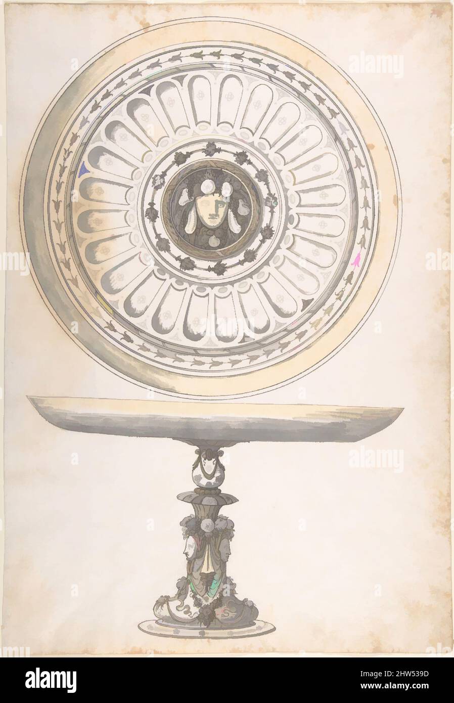 Arte ispirata a piatto rotondo poco profondo su un alto piedistallo decorato con frutta e maschere femminili, 16th secolo, penna e inchiostro nero, pennello e grigio e giallo lavaggio, 16 3/8 x 11 3/8 pollici. (41,6 x 28,9 cm), disegni, Erasmus Hornick (Olanda, Anversa ca. 1520–1583 Praga, opere classiche modernizzate da Artotop con un tuffo di modernità. Forme, colore e valore, impatto visivo accattivante sulle emozioni artistiche attraverso la libertà delle opere d'arte in modo contemporaneo. Un messaggio senza tempo che persegue una nuova direzione selvaggiamente creativa. Artisti che si rivolgono al supporto digitale e creano l'NFT Artotop Foto Stock