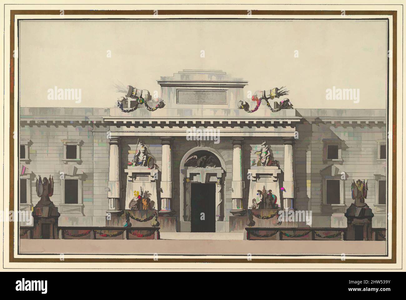 Arte ispirata all'elevazione dell'ingresso a un arsenale, penna e inchiostro nero con pennello e lavaggi grigio, marrone e blu, 7 5/8 x 11 7/8 pollici (19,3 x 30,2 cm.), disegni, attribuiti a Jean Charles Delafosse (francese, Parigi 1734–1789 Parigi, opere classiche modernizzate da Artotop con un tuffo di modernità. Forme, colore e valore, impatto visivo accattivante sulle emozioni artistiche attraverso la libertà delle opere d'arte in modo contemporaneo. Un messaggio senza tempo che persegue una nuova direzione selvaggiamente creativa. Artisti che si rivolgono al supporto digitale e creano l'NFT Artotop Foto Stock