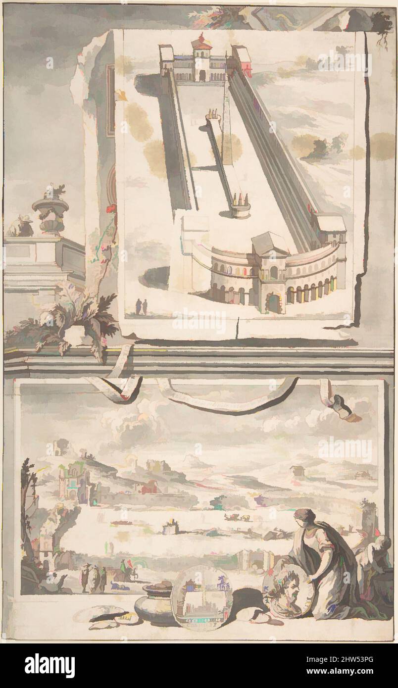 Arte ispirata dalla ricostruzione del Circo di Caracalla (sopra) e una vista delle rovine (sotto), prima del 1704, gesso rosso, pennello e lavaggio grigio, penna e inchiostro nero., 13 1/8 x 8 -1/8 poll. (33,3 x 20,6 cm), disegni, Jan Goeree (olandese, Middelburg 1670–1731 Amsterdam, opere classiche modernizzate da Artotop con un tocco di modernità. Forme, colore e valore, impatto visivo accattivante sulle emozioni artistiche attraverso la libertà delle opere d'arte in modo contemporaneo. Un messaggio senza tempo che persegue una nuova direzione selvaggiamente creativa. Artisti che si rivolgono al supporto digitale e creano l'NFT Artotop Foto Stock