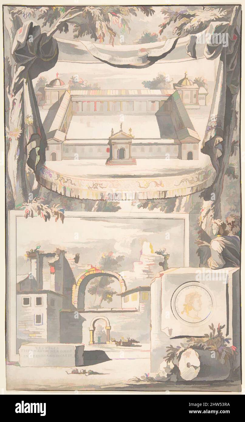 Arte ispirata da una ricostruzione delle Thermae di Nero (sopra) e una vista delle rovine (sotto), prima del 1704, gesso rosso, penna e inchiostro nero, pennello e lavaggio grigio., 13 1/16 x 8 pollici (33,2 x 20,3 cm), disegni, Jan Goeree (olandese, Middelburg 1670–1731 Amsterdam, opere classiche modernizzate da Artotop con un tocco di modernità. Forme, colore e valore, impatto visivo accattivante sulle emozioni artistiche attraverso la libertà delle opere d'arte in modo contemporaneo. Un messaggio senza tempo che persegue una nuova direzione selvaggiamente creativa. Artisti che si rivolgono al supporto digitale e creano l'NFT Artotop Foto Stock