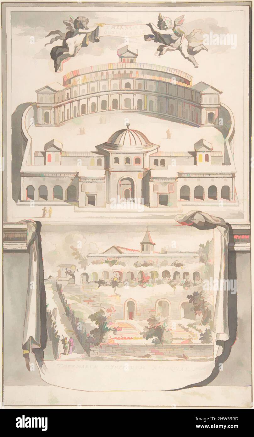 Arte ispirata dalla ricostruzione delle Thermae Olympiadis (sopra) e la vista delle rovine (sotto), prima del 1704, gesso rosso, penna e inchiostro nero, pennello e lavaggio grigio, su gesso nero, 13 x 8 1/16 pollici (33,0 x 20,5 cm), disegni, Jan Goeree (olandese, Middelburg 1670–1731 Amsterdam, opere classiche modernizzate da Artotop con un tocco di modernità. Forme, colore e valore, impatto visivo accattivante sulle emozioni artistiche attraverso la libertà delle opere d'arte in modo contemporaneo. Un messaggio senza tempo che persegue una nuova direzione selvaggiamente creativa. Artisti che si rivolgono al supporto digitale e creano l'NFT Artotop Foto Stock