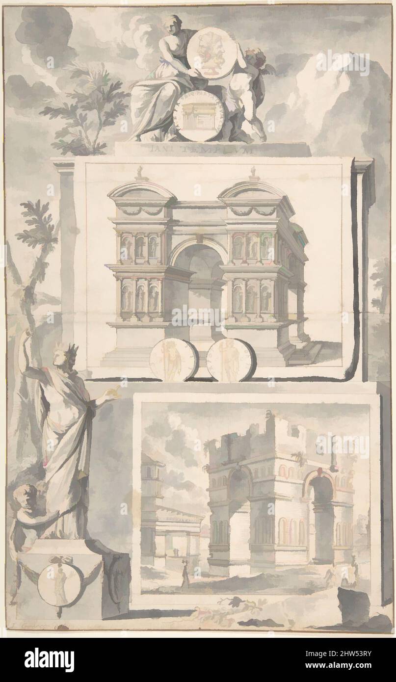 Arte ispirata da Una ricostruzione del Tempio di Giano (sopra) e una vista delle rovine (sotto), prima del 1704, penna e inchiostro nero, pennello e grigio lavaggio su gesso rosso., 13 x 8 1/8 pollici (33,0 x 20,6 cm), disegni, Jan Goeree (olandese, Middelburg 1670–1731 Amsterdam, opere classiche modernizzate da Artotop con un tocco di modernità. Forme, colore e valore, impatto visivo accattivante sulle emozioni artistiche attraverso la libertà delle opere d'arte in modo contemporaneo. Un messaggio senza tempo che persegue una nuova direzione selvaggiamente creativa. Artisti che si rivolgono al supporto digitale e creano l'NFT Artotop Foto Stock