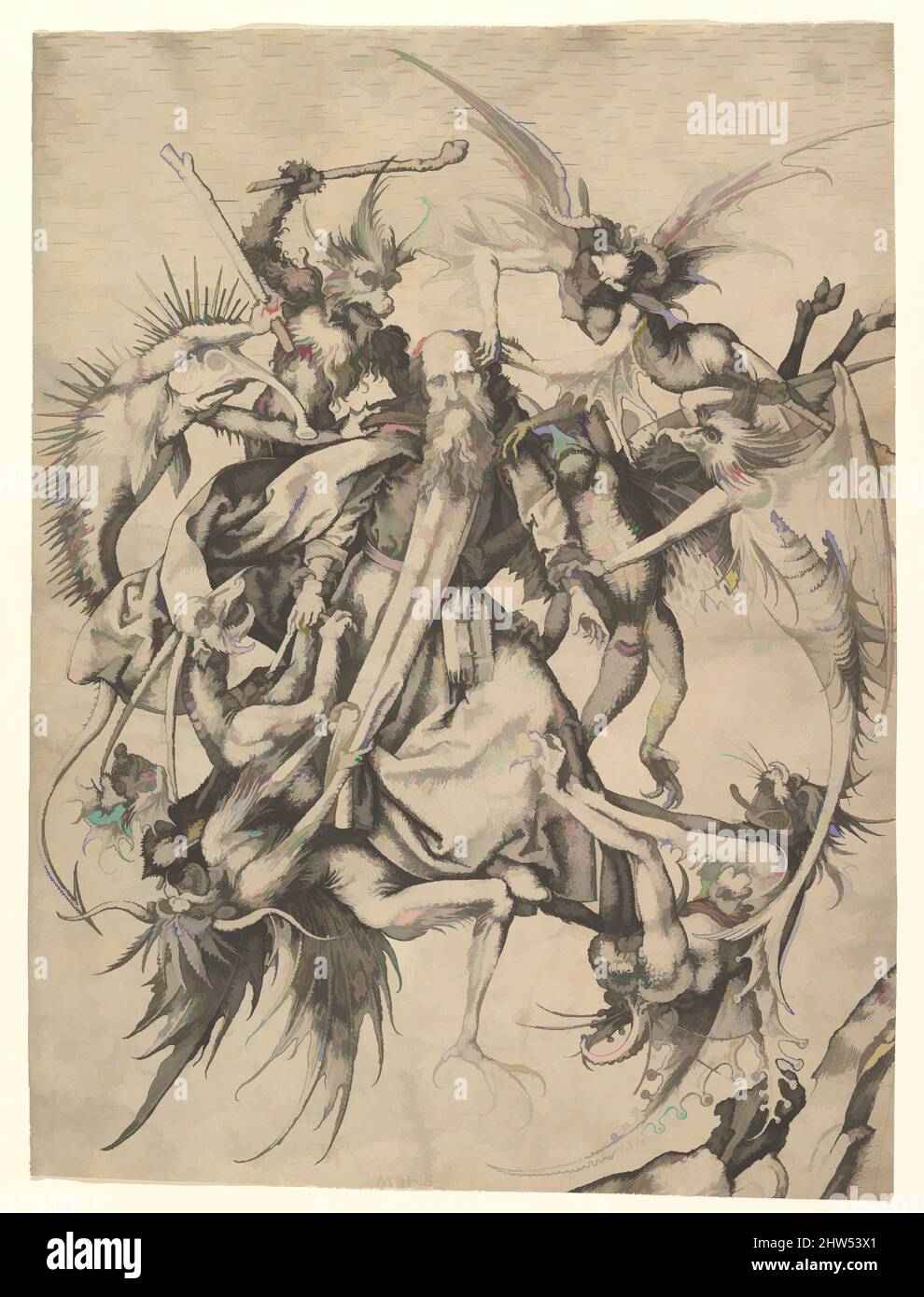 Arte ispirata da Sant'Antonio tormentato da Demoni, ca. 1470–75, incisione, foglio: 11 13/16 x 8 9/16 poll. (30 x 21,8 cm), stampe, Martin Schongauer (tedesco, Colmar ca. 1435/50–1491 Breisach), Sant'Antonio guarda serenamente allo spettatore mentre i demoni frenetici afferrano gli arti, i vestiti, le opere classiche modernizzate da Artotop con un tuffo di modernità. Forme, colore e valore, impatto visivo accattivante sulle emozioni artistiche attraverso la libertà delle opere d'arte in modo contemporaneo. Un messaggio senza tempo che persegue una nuova direzione selvaggiamente creativa. Artisti che si rivolgono al supporto digitale e creano l'NFT Artotop Foto Stock