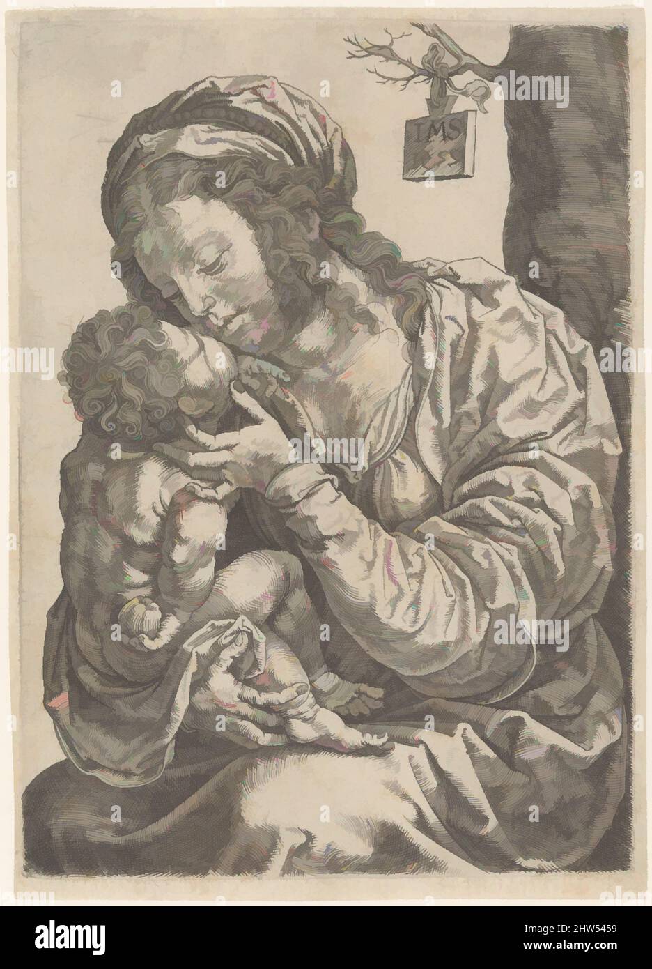 Arte ispirata dalla Vergine e bambino seduto ai piedi di un albero, 1522, incisione, piatto: 4 3/4 x 3 3/8 pollici. (12 x 8,5 cm), stampe, Jan Gossart (detto Mabuse) (Olanda, Maubeuge ca. 1478–1532 Antwerp (?)), come spesso fece nei suoi dipinti, Gossart unì opere rinascimentali e classiche modernizzate da Artotop con un tuffo di modernità. Forme, colore e valore, impatto visivo accattivante sulle emozioni artistiche attraverso la libertà delle opere d'arte in modo contemporaneo. Un messaggio senza tempo che persegue una nuova direzione selvaggiamente creativa. Artisti che si rivolgono al supporto digitale e creano l'NFT Artotop Foto Stock