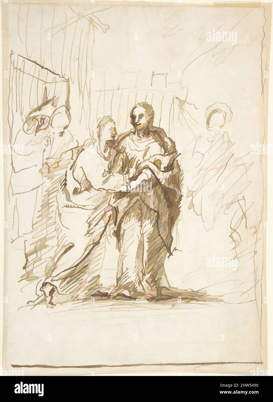 Arte ispirata a Visitation, 17th secolo, penna e inchiostro marrone scuro. Linea di bordo tracciata lungo la parte inferiore del foglio e suggerita sul lato destro del foglio in penna e inchiostro marrone scuro. Su carta biancastra, 5-7/8 x 4-3/16 pollici (14,9 x 10,6 cm), disegni, Anonimo, Spagnolo, Scuola di Siviglia, 17th, opere classiche modernizzate da Artotop con un tuffo di modernità. Forme, colore e valore, impatto visivo accattivante sulle emozioni artistiche attraverso la libertà delle opere d'arte in modo contemporaneo. Un messaggio senza tempo che persegue una nuova direzione selvaggiamente creativa. Artisti che si rivolgono al supporto digitale e creano l'NFT Artotop Foto Stock