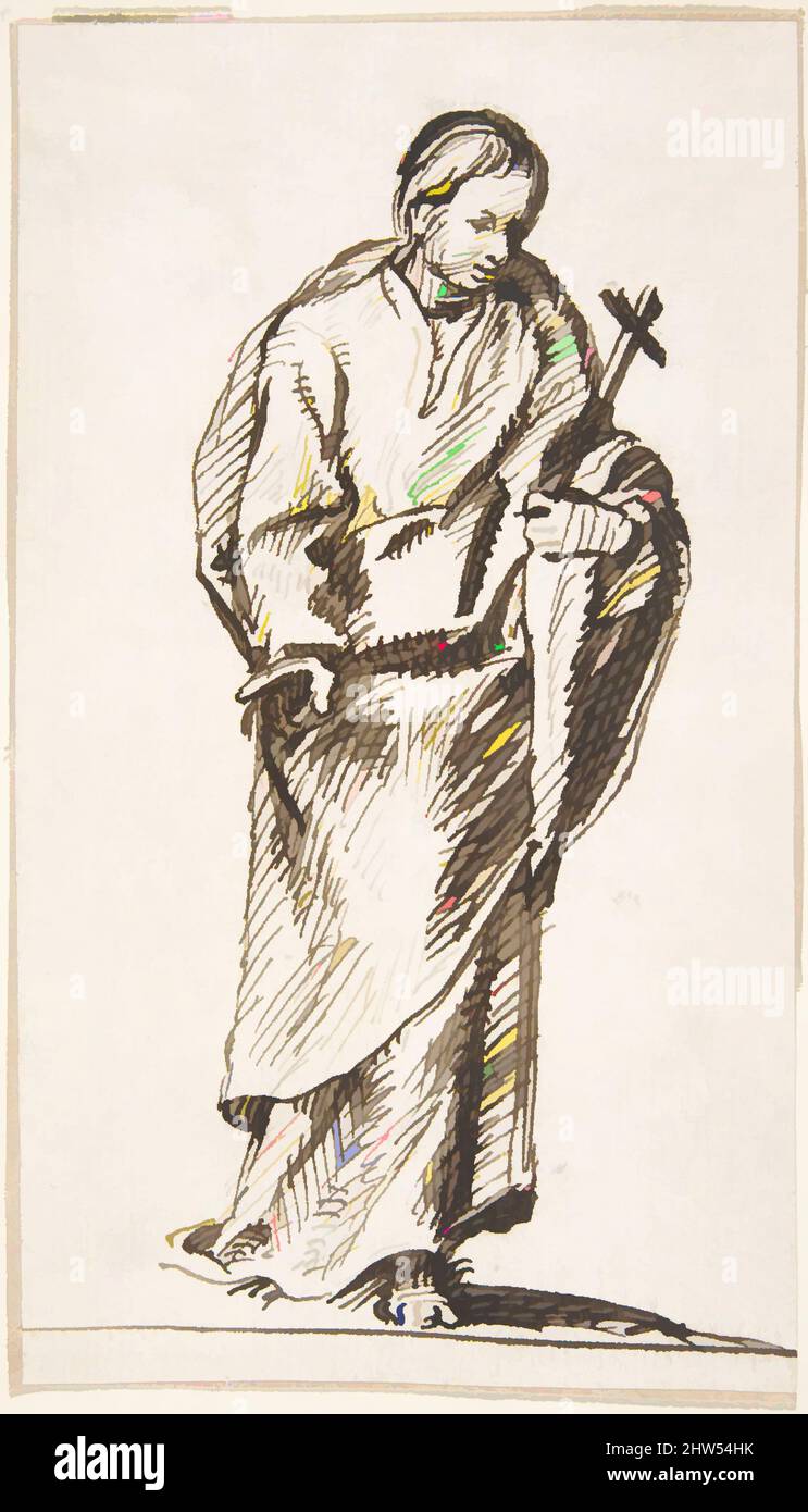 Arte ispirata da Standing Figure Holding Cross, 17th Century, penna e inchiostro marrone scuro su alcune tracce di sottodisegno in gesso nero. Linea di messa a terra disegnata con penna e inchiostro marrone scuro. Su carta avorio, 5-15/16 x 3-3/8 pollici (15,1 x 8,6 cm), disegni, Anonimo, Spagnolo, Scuola di Siviglia, 17th, opere classiche modernizzate da Artotop con un tuffo di modernità. Forme, colore e valore, impatto visivo accattivante sulle emozioni artistiche attraverso la libertà delle opere d'arte in modo contemporaneo. Un messaggio senza tempo che persegue una nuova direzione selvaggiamente creativa. Artisti che si rivolgono al supporto digitale e creano l'NFT Artotop Foto Stock