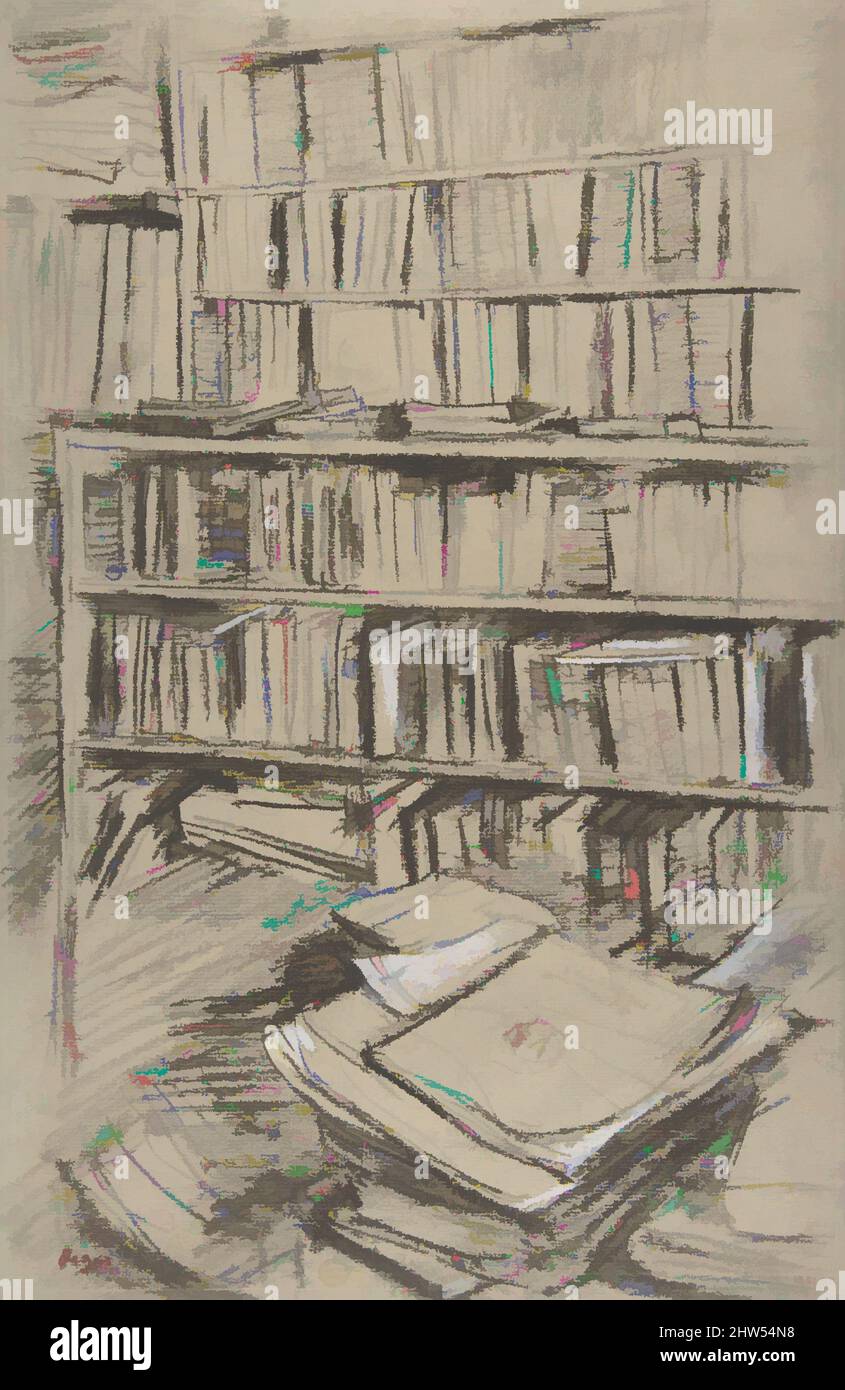 Art Inspired by Bookshelf, Study for 'Edmond Duranty', 1879, gesso marrone scuro, intensificato con gesso bianco, su carta blu, sbiadito al beige, 18 7/16 x 12 pollici. (46,9 x 30,5 cm), disegni, Edgar Degas (francese, Parigi 1834–1917 Parigi, opere classiche modernizzate da Artotop con un tocco di modernità. Forme, colore e valore, impatto visivo accattivante sulle emozioni artistiche attraverso la libertà delle opere d'arte in modo contemporaneo. Un messaggio senza tempo che persegue una nuova direzione selvaggiamente creativa. Artisti che si rivolgono al supporto digitale e creano l'NFT Artotop Foto Stock