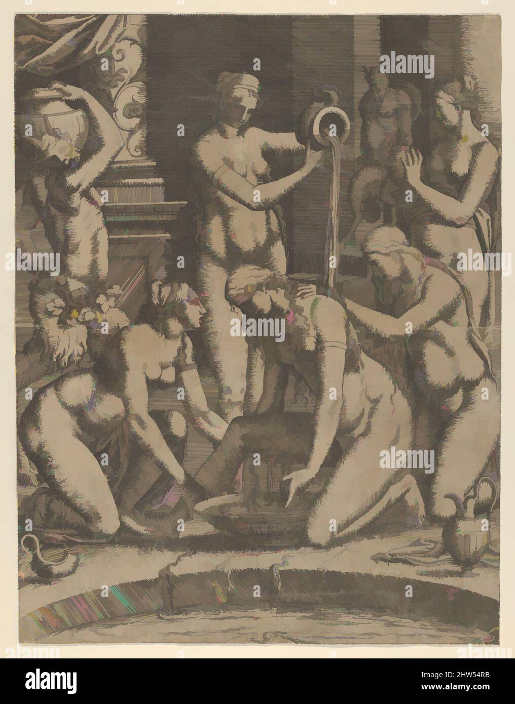 Art Inspired by Venus Bathing assistito da Nymphs, 1535–55, Etching, Sheet (rifinito): 12 1/2 x 9 1/2 in. (31,7 x 24,2 cm), stampe, Jean Mignon (francese, attivo 1535–ca. 1555), dopo Luca Penni (Firenze 1500/1504–1557 Parigi), opere classiche modernizzate da Artotop con un tuffo di modernità. Forme, colore e valore, impatto visivo accattivante sulle emozioni artistiche attraverso la libertà delle opere d'arte in modo contemporaneo. Un messaggio senza tempo che persegue una nuova direzione selvaggiamente creativa. Artisti che si rivolgono al supporto digitale e creano l'NFT Artotop Foto Stock