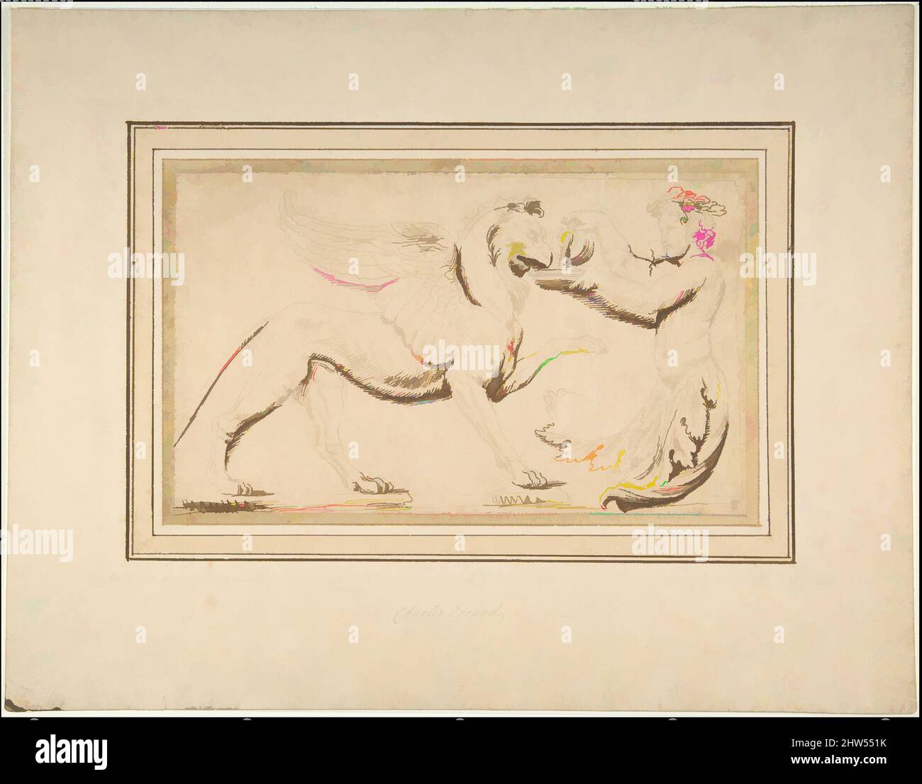 Arte ispirata al fogliame Amor versare una bevanda per un Griffin, 17th secolo, inchiostro Pen e marrone, su grafite, 5 3/8 x 9 pollici. (13,6 x 22,8 cm), disegni, Charles Errard le fils (francese, Nantes CA6/09–1689 Roma, opere classiche modernizzate da Artotop con un tuffo di modernità. Forme, colore e valore, impatto visivo accattivante sulle emozioni artistiche attraverso la libertà delle opere d'arte in modo contemporaneo. Un messaggio senza tempo che persegue una nuova direzione selvaggiamente creativa. Artisti che si rivolgono al supporto digitale e creano l'NFT Artotop Foto Stock