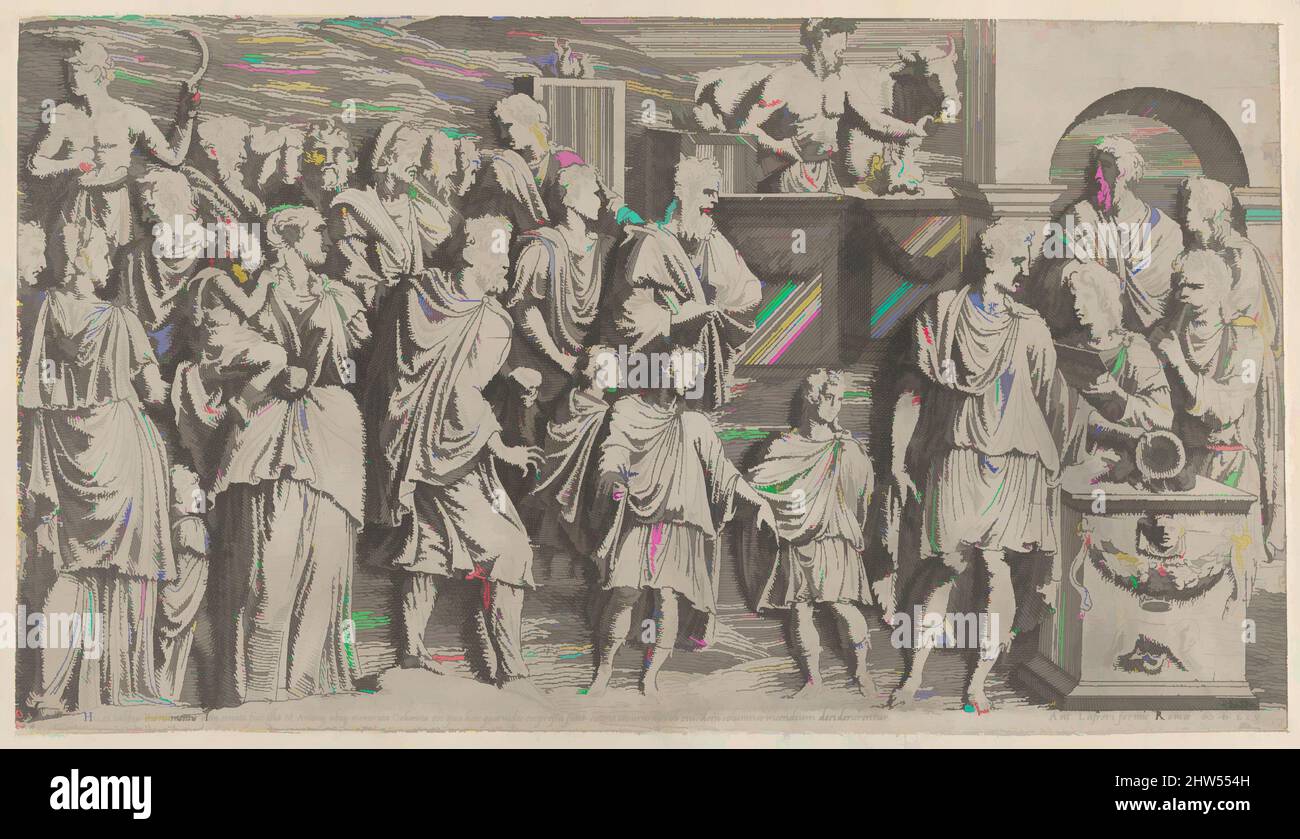 Arte ispirata a Speculum Romanae Magnificentiae: L'imperatore Marc Antony offre un sacrificio, da un rilievo sulla colonna di Antonine, 1565, incisione, foglio: 14 x 21 1/4 pollici. (35,5 x 54 cm), Prints, Léon Davent (francese, attivo 1540–56), dopo Francesco Primaticcio (Bologna 1504/5–1570, opere classiche modernizzate da Artotop con un tuffo di modernità. Forme, colore e valore, impatto visivo accattivante sulle emozioni artistiche attraverso la libertà delle opere d'arte in modo contemporaneo. Un messaggio senza tempo che persegue una nuova direzione selvaggiamente creativa. Artisti che si rivolgono al supporto digitale e creano l'NFT Artotop Foto Stock