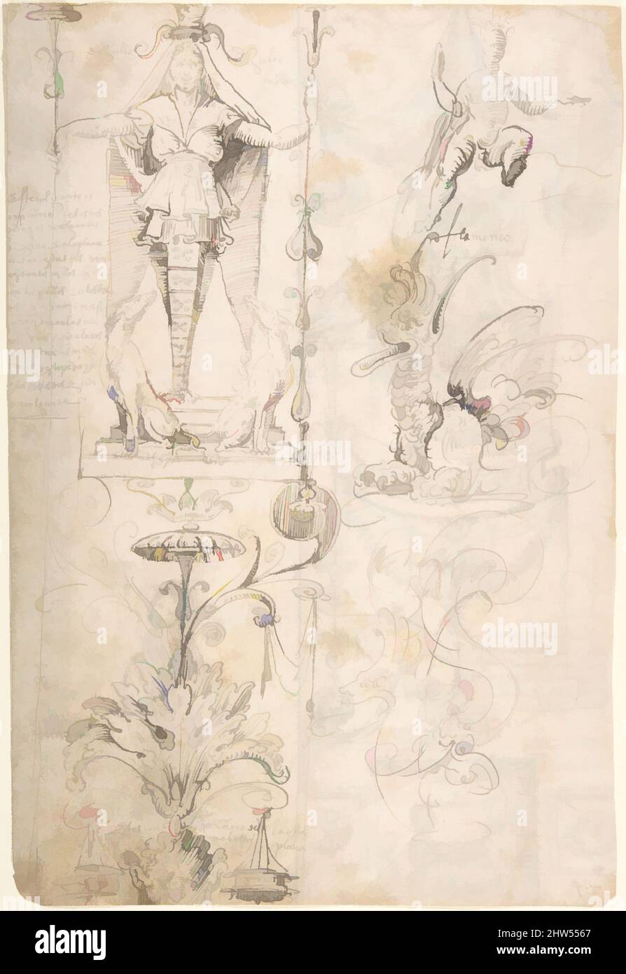 Arte ispirata a quattro diversi studi di figura (recto); grottesche disegni (verso), ca. 1545–60, penna e inchiostro grigio-marrone (recto). Su carta biancastra. Penna e inchiostro grigio-marrone; Donna e bambino a penna e inchiostro marrone (verso), 13-3/16 x 9-1/16 pollici (33,5 x 23,0 cm), attribuito ad Andrés de Melgar, opere classiche modernizzate da Artotop con un tuffo di modernità. Forme, colore e valore, impatto visivo accattivante sulle emozioni artistiche attraverso la libertà delle opere d'arte in modo contemporaneo. Un messaggio senza tempo che persegue una nuova direzione selvaggiamente creativa. Artisti che si rivolgono al supporto digitale e creano l'NFT Artotop Foto Stock