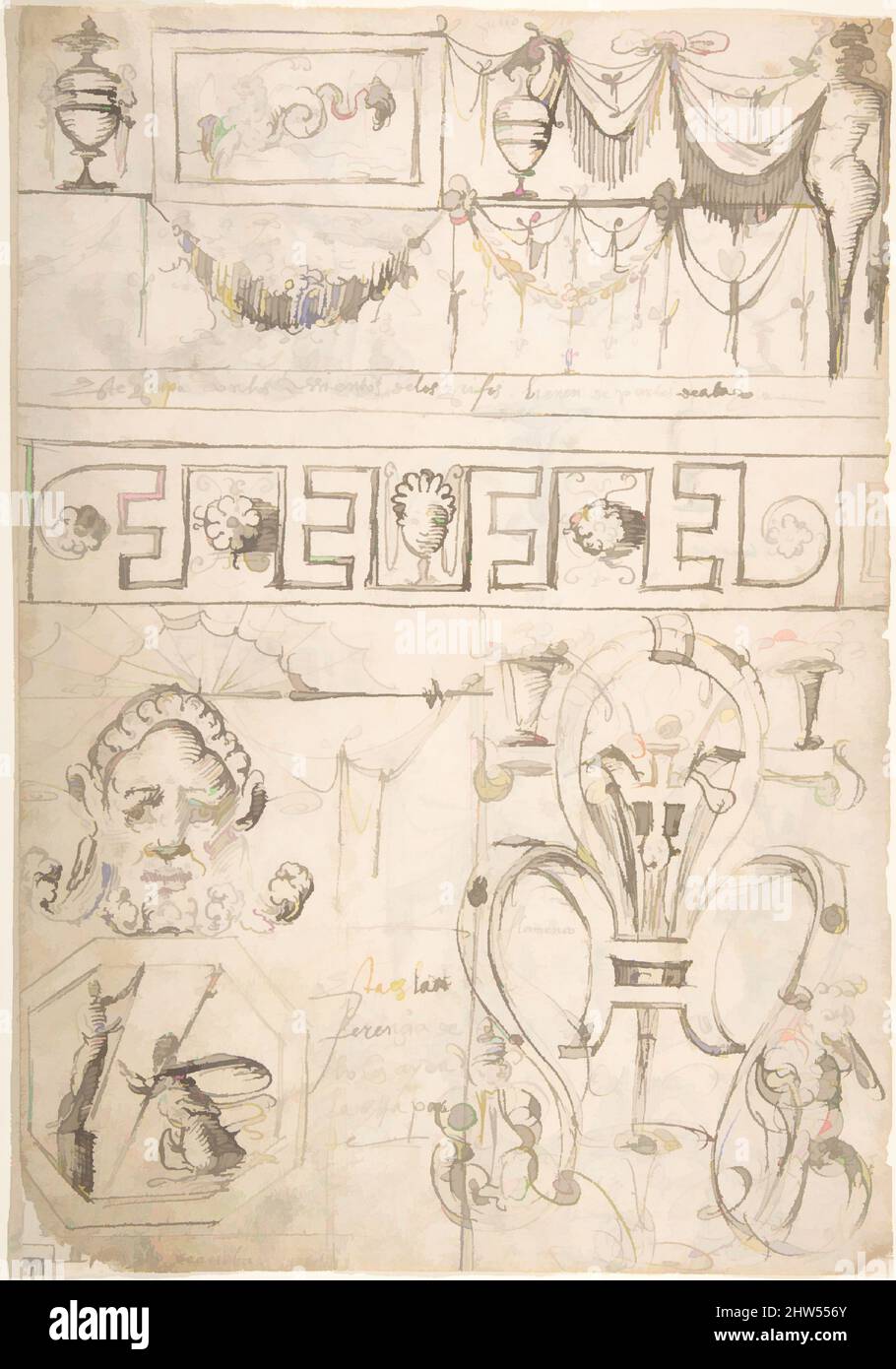 Arte ispirata da tre bande fregi con grottesche e diversi studi di figura (recto); termine con una creatura marina (Zephyr) (verso), ca. 1545–60, penna e inchiostro grigio-marrone (recto), 13-1/4 x 9-1/4 pollici (33,7 x 23,5 cm), attribuito ad Andrés de Melgar (spagnolo, documentato S. Domingo de la, opere classiche modernizzate da Artotop con un tuffo di modernità. Forme, colore e valore, impatto visivo accattivante sulle emozioni artistiche attraverso la libertà delle opere d'arte in modo contemporaneo. Un messaggio senza tempo che persegue una nuova direzione selvaggiamente creativa. Artisti che si rivolgono al supporto digitale e creano l'NFT Artotop Foto Stock