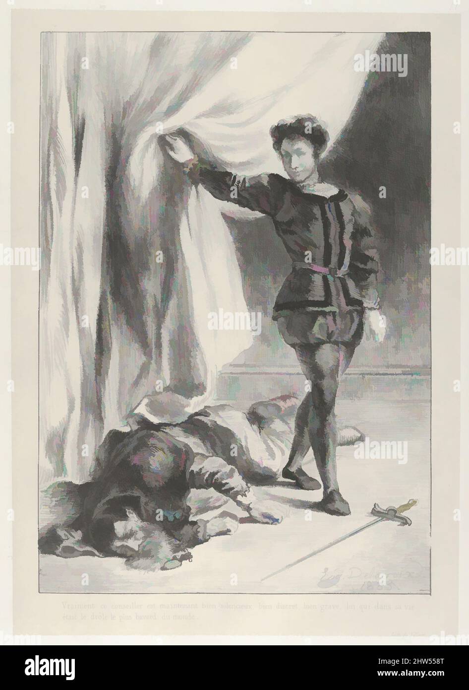 Arte ispirata da Amleto e il cadavere di Polonio, 1835, litografia; secondo stato di quattro, immagine: 10 1/16 x 6 15/16 in. (25,5 x 17,7 cm), Prints, Eugène Delacroix (francese, Charenton-Saint-Maurice 1798–1863 Parigi), nel 1834 Delacroix iniziò una serie di litografie dedicate a Hamlet, opere classiche modernizzate da Artotop con un tuffo di modernità. Forme, colore e valore, impatto visivo accattivante sulle emozioni artistiche attraverso la libertà delle opere d'arte in modo contemporaneo. Un messaggio senza tempo che persegue una nuova direzione selvaggiamente creativa. Artisti che si rivolgono al supporto digitale e creano l'NFT Artotop Foto Stock