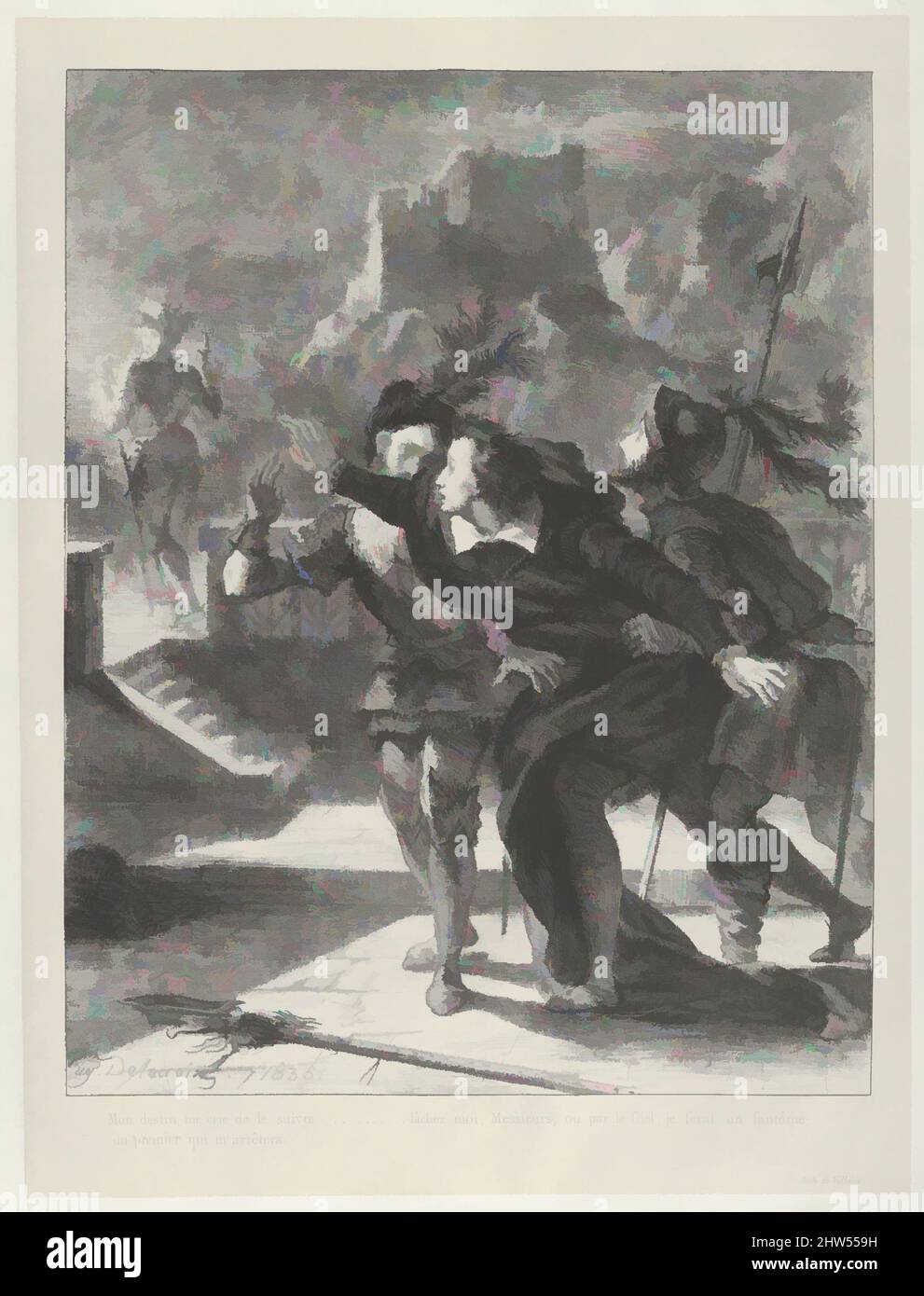 Arte ispirata da Amleto cerca di seguire il fantasma di suo Padre, 1835, litografia; secondo stato di quattro, immagine: 10 1/8 x 8 pollici. (25,7 x 20,3 cm), Prints, Eugène Delacroix (francese, Charenton-Saint-Maurice 1798–1863 Parigi), nel 1834 Delacroix iniziò una serie di litografie dedicate a Hamlet, opere classiche modernizzate da Artotop con un tuffo di modernità. Forme, colore e valore, impatto visivo accattivante sulle emozioni artistiche attraverso la libertà delle opere d'arte in modo contemporaneo. Un messaggio senza tempo che persegue una nuova direzione selvaggiamente creativa. Artisti che si rivolgono al supporto digitale e creano l'NFT Artotop Foto Stock