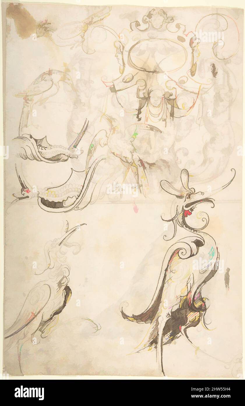 Arte ispirata a vari studi di figure grottesche e un cartoidea (recto); grottesca con due figure e maschera; e un Clerico inginocchiato (verso), ca. 1545–60, penna e inchiostro marrone scuro, e qualche pennello e lavaggio marrone (recto); penna e inchiostro marrone scuro con pennello e lavaggio marrone, Over, opere classiche modernizzate da Artotop con un tuffo di modernità. Forme, colore e valore, impatto visivo accattivante sulle emozioni artistiche attraverso la libertà delle opere d'arte in modo contemporaneo. Un messaggio senza tempo che persegue una nuova direzione selvaggiamente creativa. Artisti che si rivolgono al supporto digitale e creano l'NFT Artotop Foto Stock